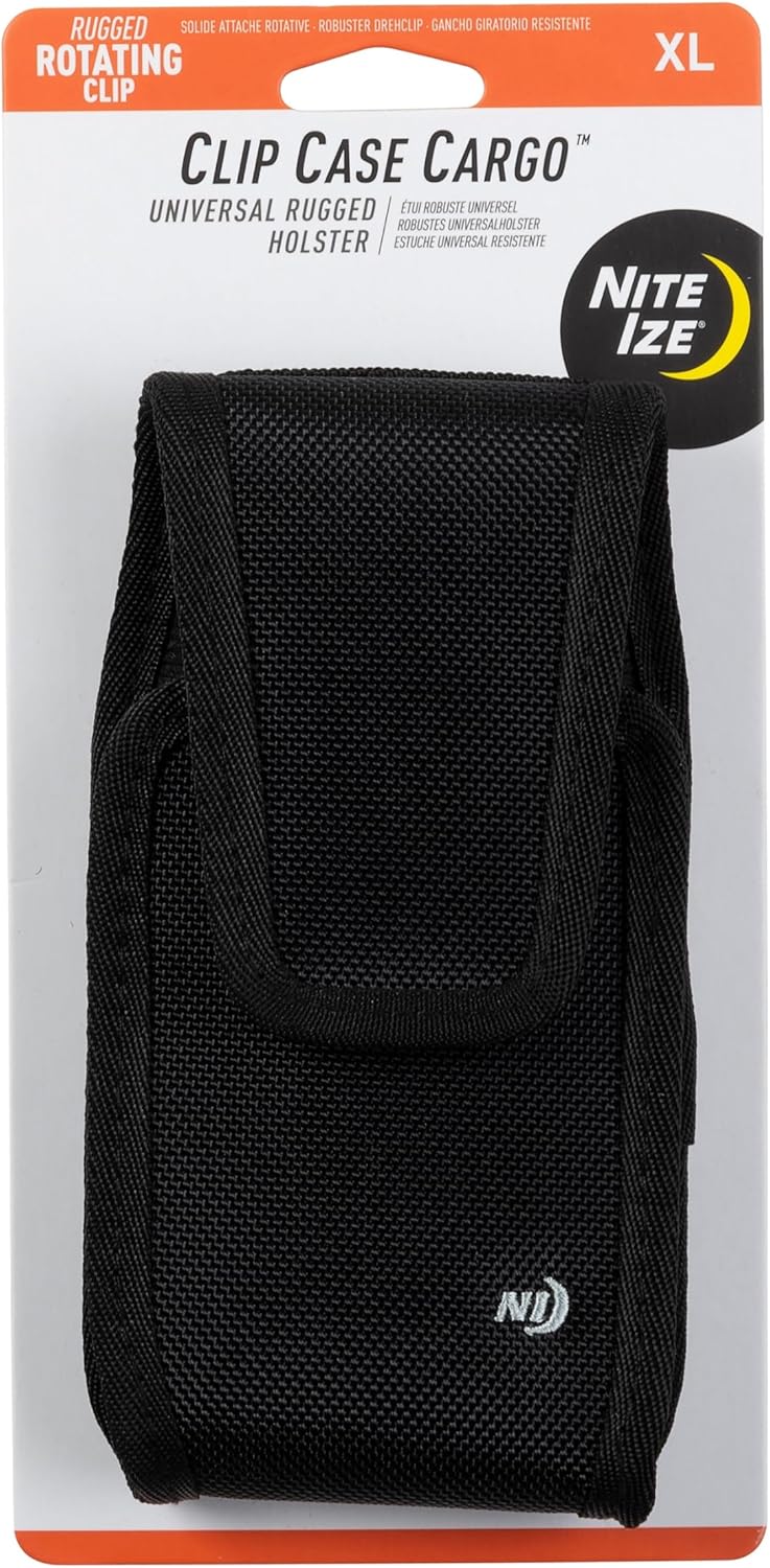 Nite Ize Clip Case Cargo Universal Rugged Holster - Cell Phone & Card Holster Pouch - Durable Phone Holder Clip for Belt - Utility Belt Pouch with Rotating Flex-Clip - XL, Vertical