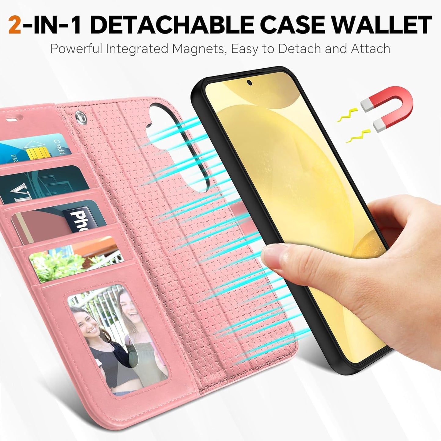 TUCCH Case for Galaxy S25, [Detachable] 2 in 1 Wrist Strap Magnetic PU Leather Wallet Case with RFID Blocking [Wireless Charging] 4 Card Slot Stand Removable Shockproof Cover for Galaxy S25, Rose Gold