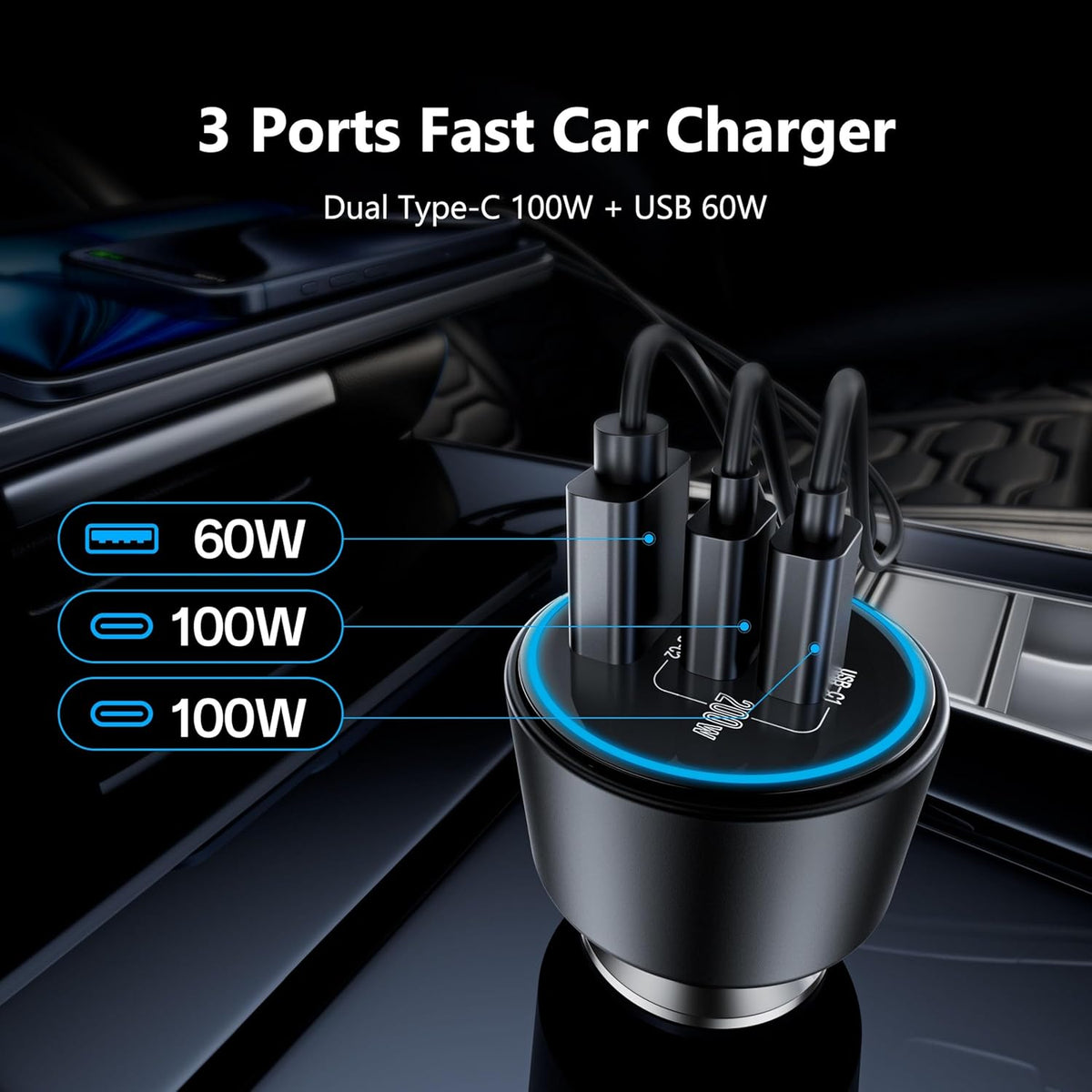 USB C Car Charger Fast Charging 200W, Dual PD 100W Type C Car Charger, PD3.0/QC4.0/PPS Cigarette Lighter Adapter for iPhone 16/15/14/13/12, Galaxy S22/S21 Ultra, MacBook, Laptop etc