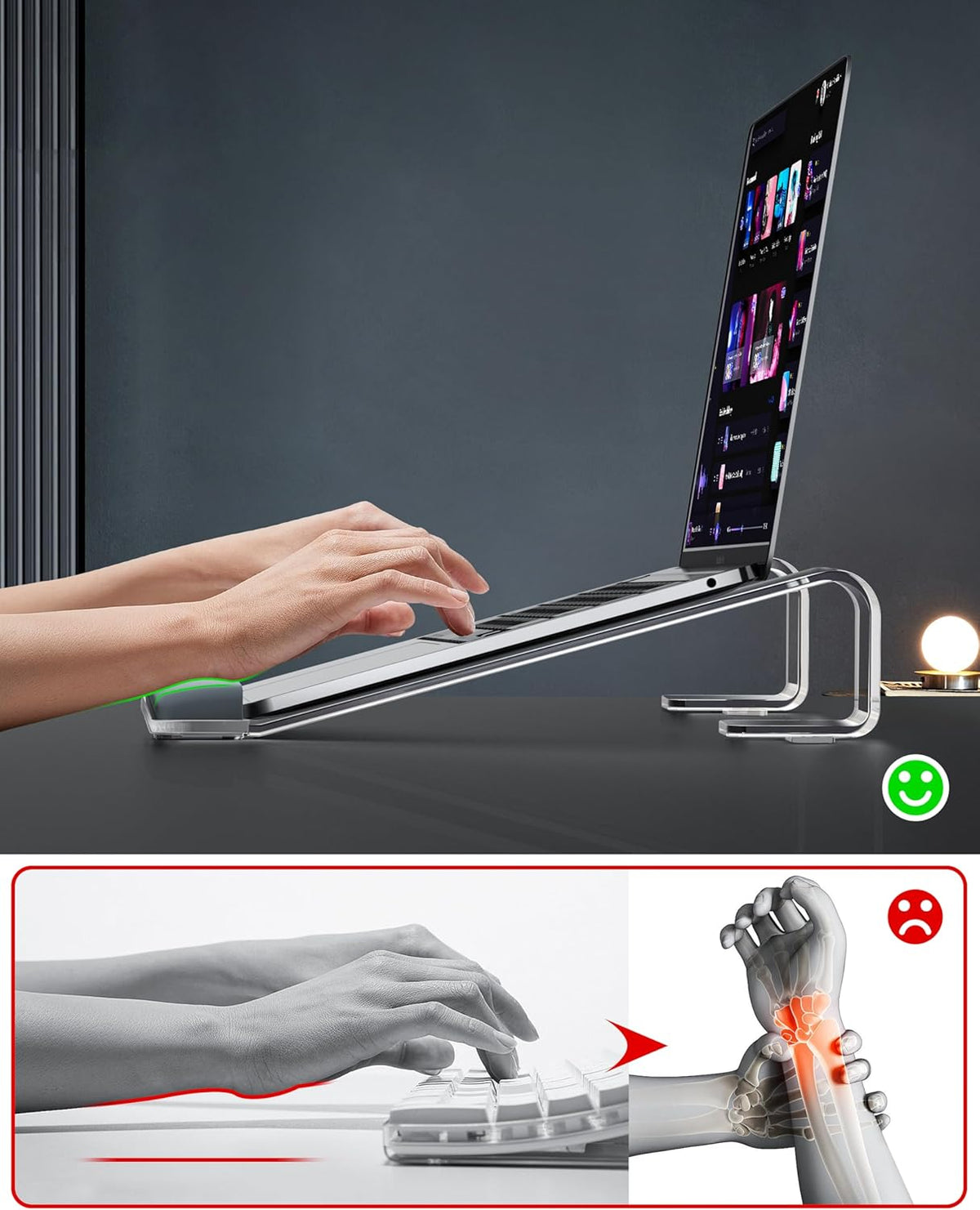 Clear Acrylic Laptop Stand for Desk, with Wrist Rest, Ergonomic Detachable Mount Compatible with 10-17'' All Laptops Such as MacBook Air Pro/HP/Dell/Lenovo