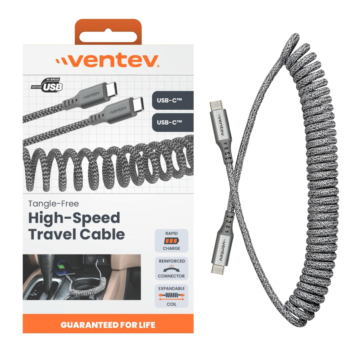 Ventev Helix 3ft Expandable USB C to USB C Cable | Fast Charging Cable for iPhone 16/16 Pro/15, MacBook, iPad Pro, Pixel 9, Samsung S25 | No Tangle Cord for Fast Charger, Crafted for The Car, Gray