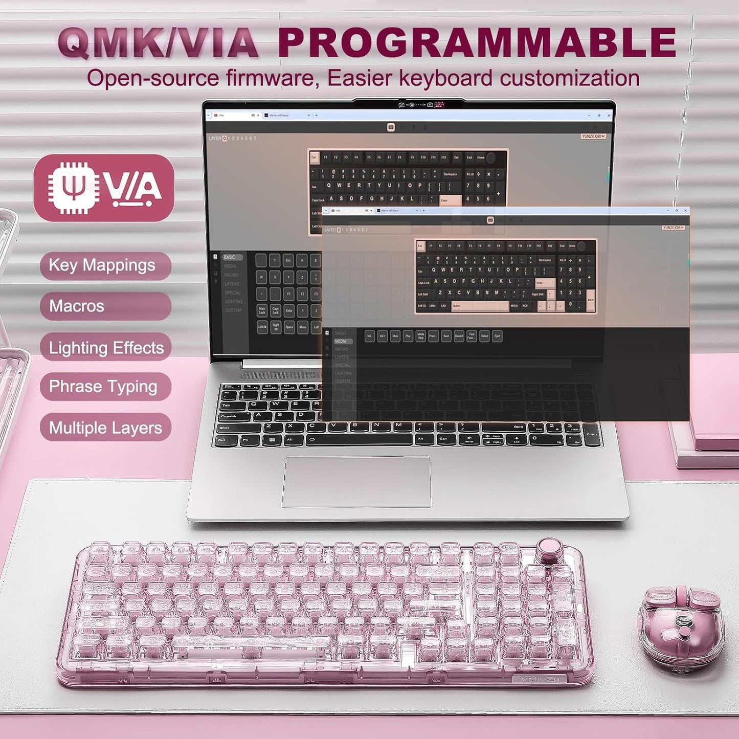 YUNZII X98 QMK/VIA Wireless Mechanical Gaming Keyboard with Knob,Tri-Mode BT5.0/USB-C/2.4GHz Hot Swappable Keyboard,Pre-lubed Switches Gasket Mount RGB Backlit for Wins/Mac (Pink, Snow Switch)