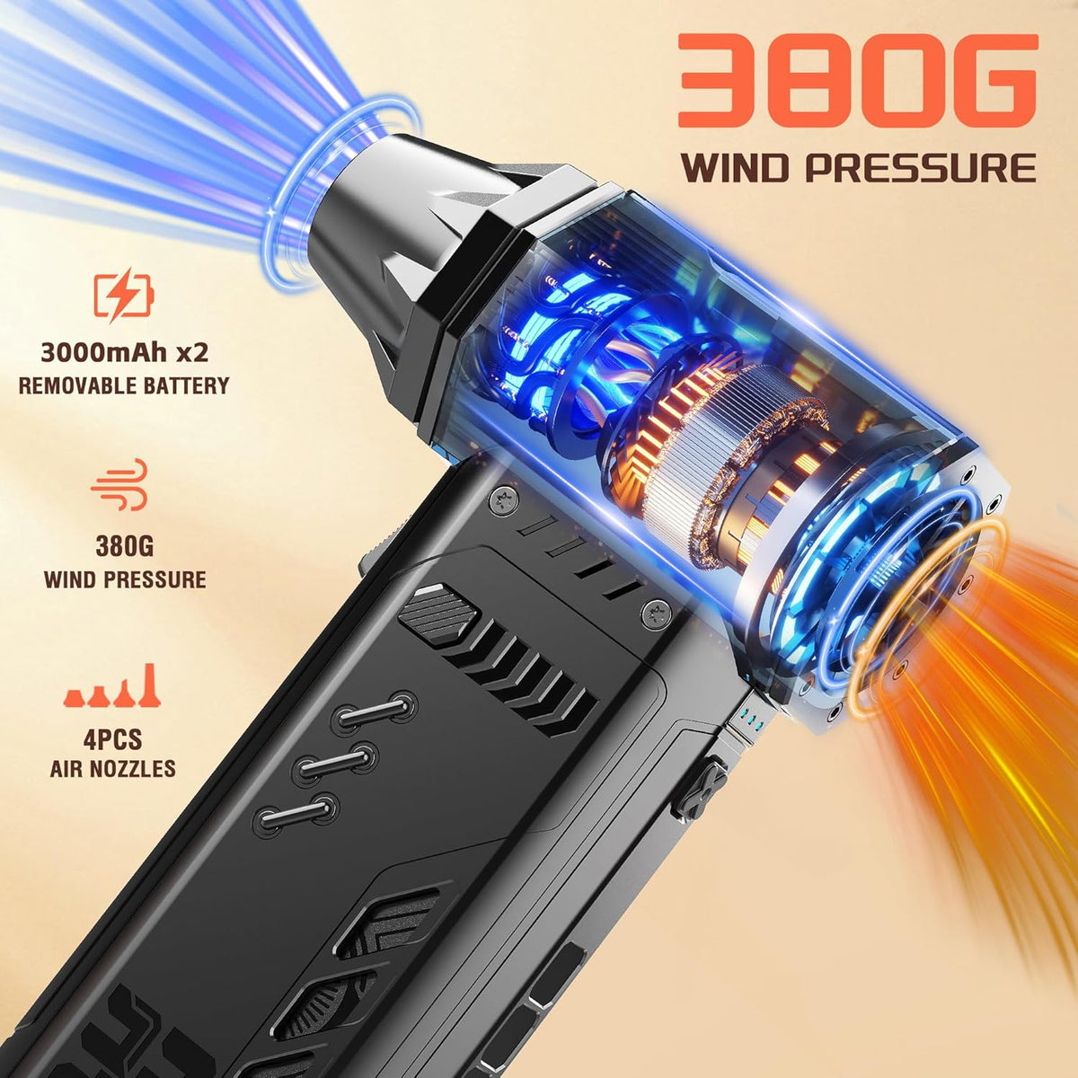 Air Duster -250000RPM Electeic Air Duster, Replaceable Batteries 2pcs,Long Life Cordless mini Blower, 3-Gear Adjustable- Cordless air Duster for Keyboard,PCs,Outdoors,Leaves,Car Cleaning