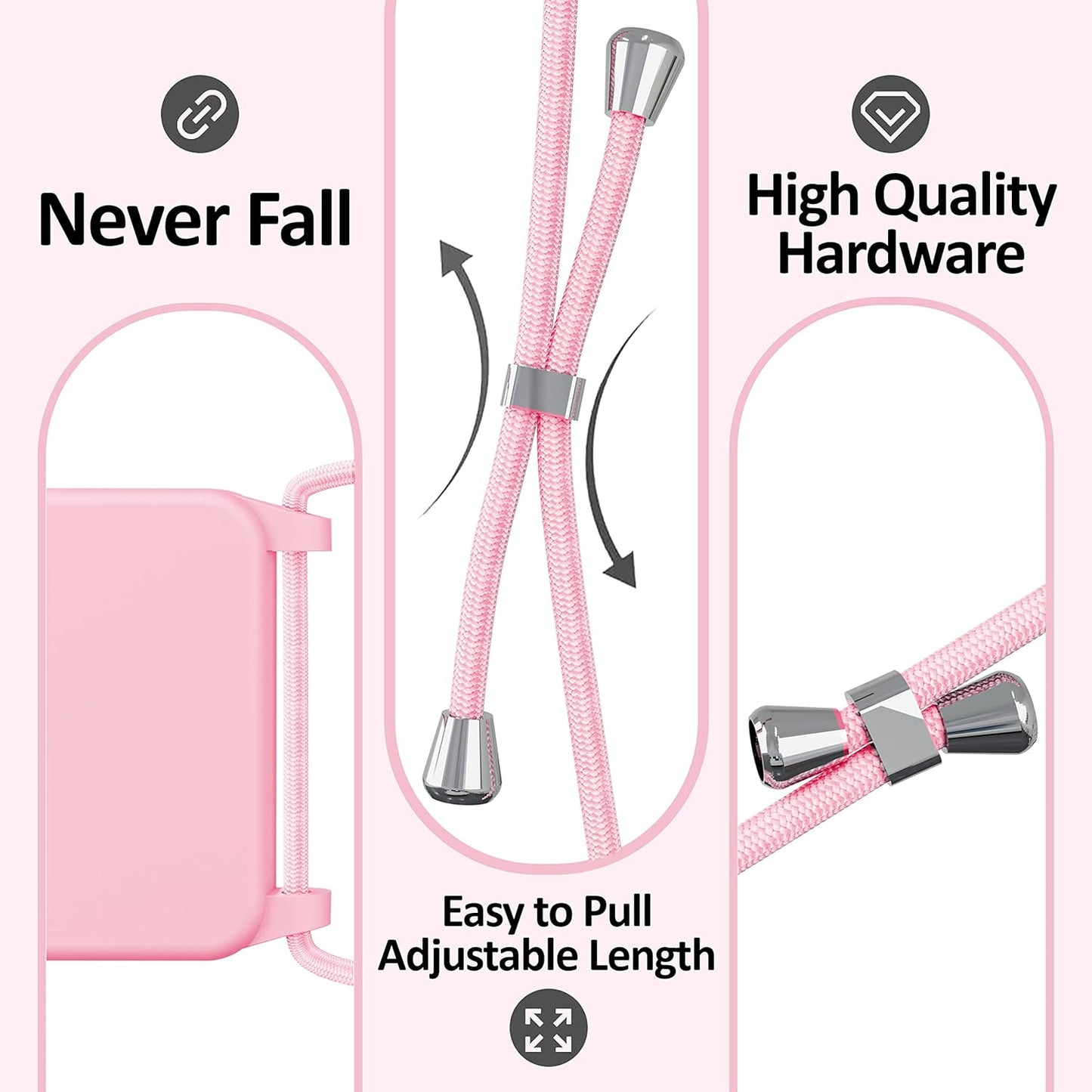 Blaspins Crossbody Lanyard Strap Case for iPhone 14, Neck Cross Body, Adjustable Holder Removable, Drop Protection Shockproof, Hands-Free Silicone Case Cover 6.1 inch, 150 cm Strap, iPhone 14 - Pink
