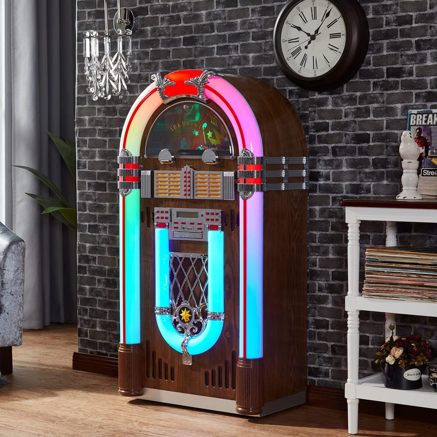 Arkrocket Saturn V Full Size Jukebox Vinyl Record Player Bluetooth USB SD CD Player Radio Retro Turntable Classic Jukebox 51 inch (Saturn V - Dark Oak)