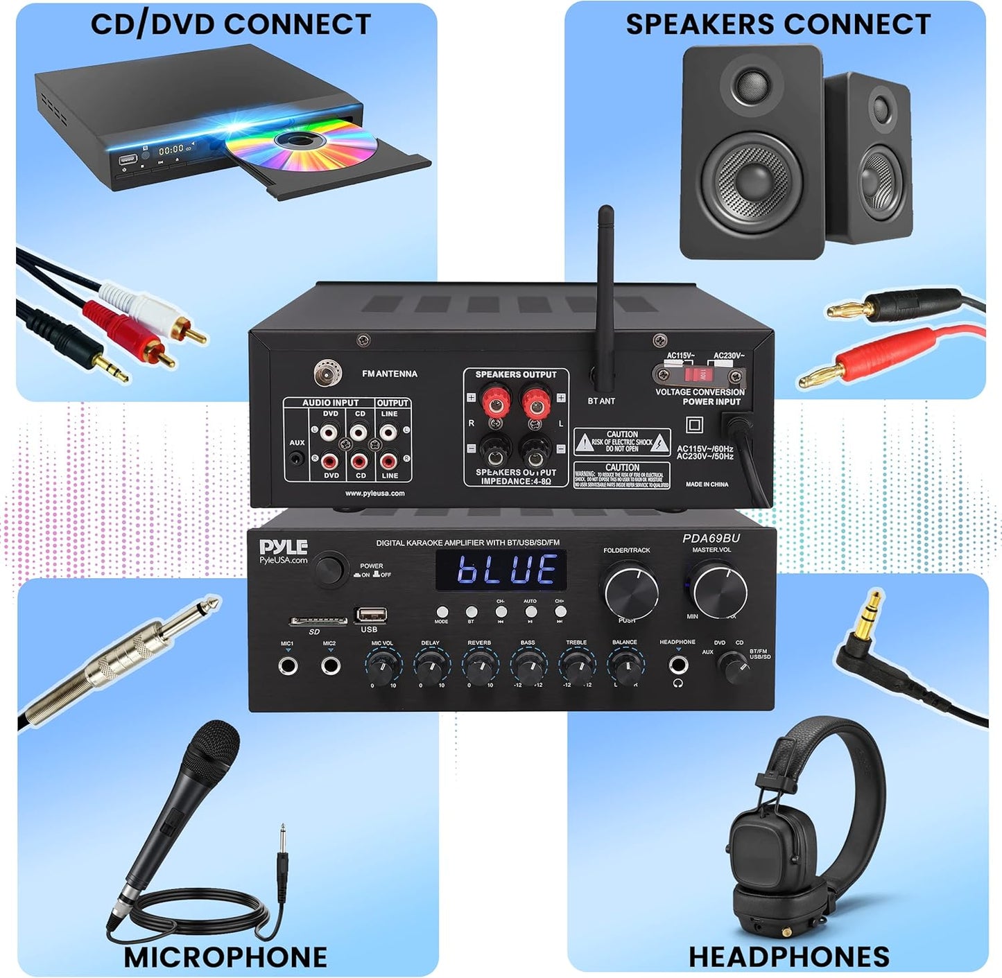 Pyle Stereo Amplifier Audio Receiver with Remote Control - Bluetooth Streaming, MP3/USB/SD/FM Radio, 2.0 Channel HiFi Sound System with RCA/Aux Inputs, Microphone & Headphone Jacks, Adjustable Bass