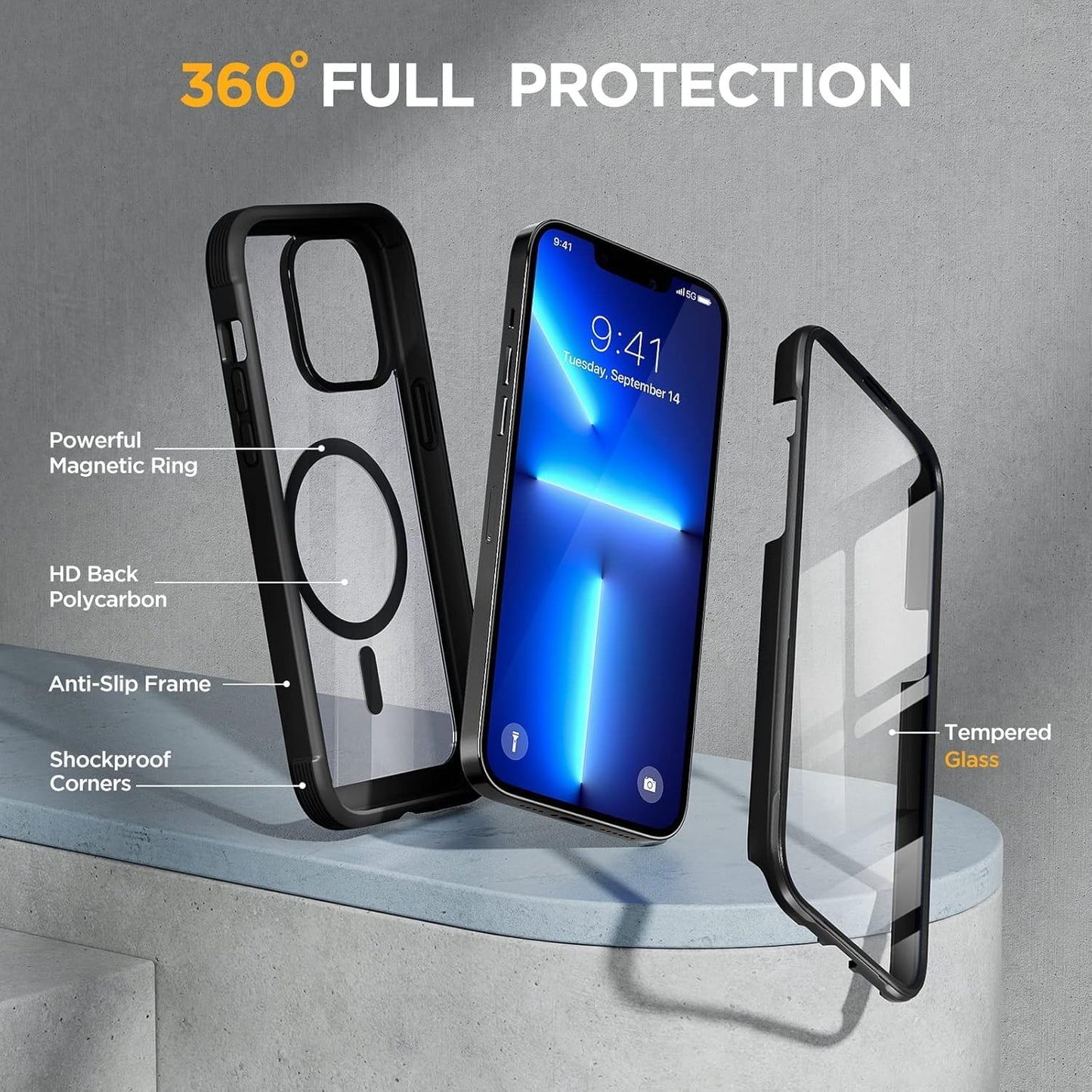 Miracase Magnetic Case for iPhone 13 Pro 6.1 Inch,with MagSafe,Built in Screen Protector,Full Body Protective(Black)