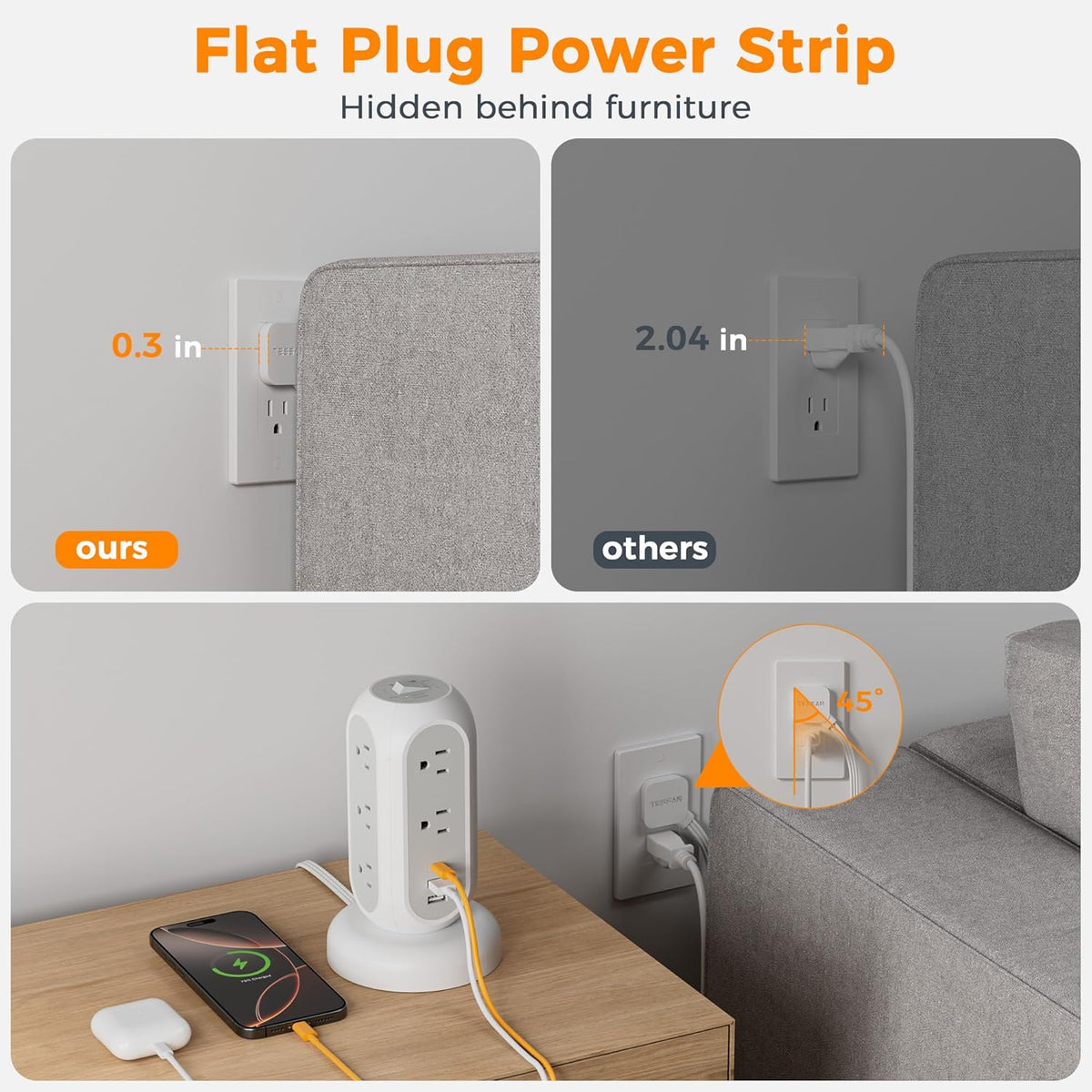 Surge Protector Power Strip Tower, TESSAN 5 FT Retractable Extension Cord with Multiple Outlets, 11 Outlets with 3 USB (1 USB C) Charging Station, 1050J, Office Desk Supplies, Dorm Essentials