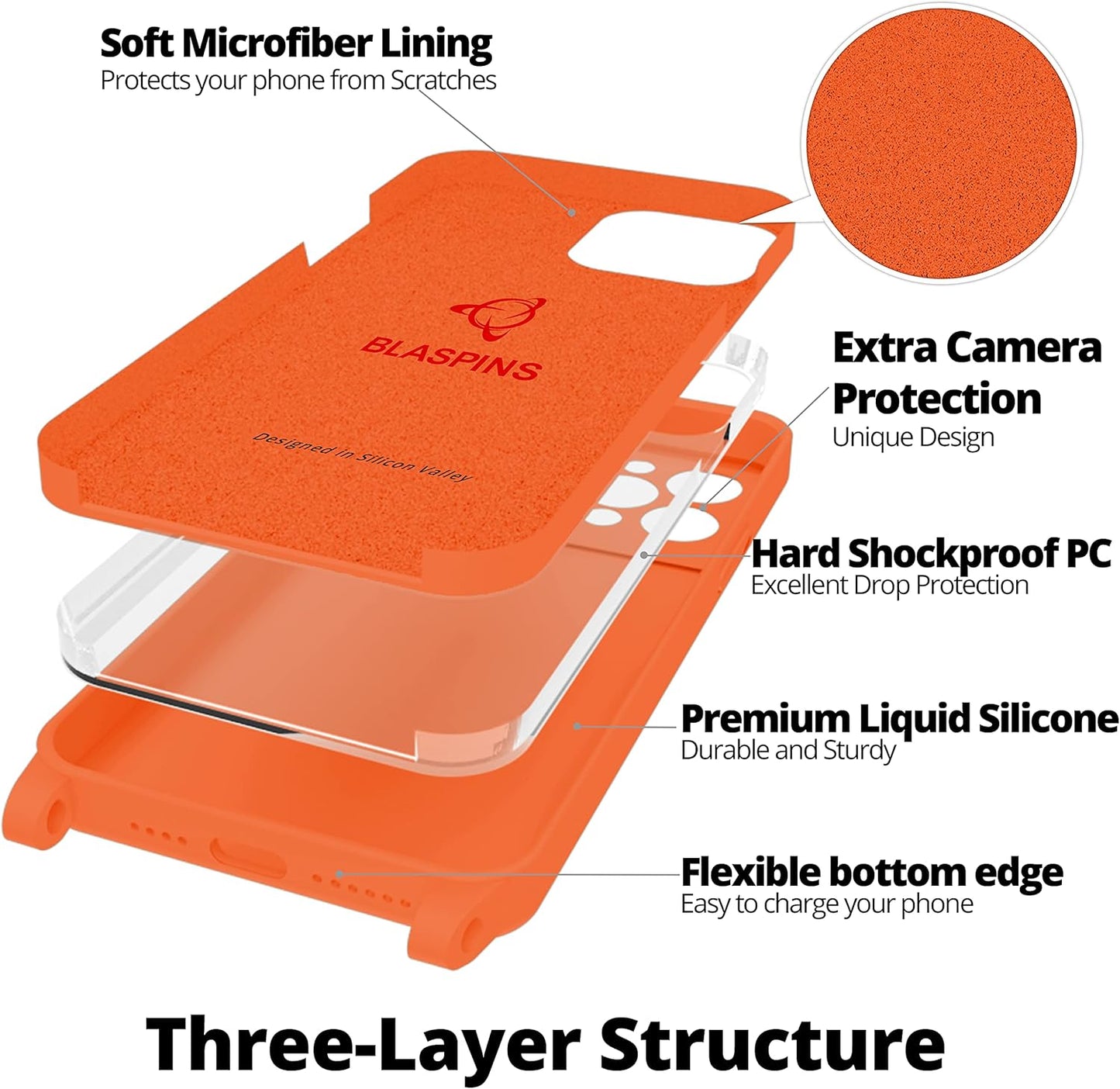 Blaspins Crossbody Strap Phone Case for iPhone 13 Pro Max, Adjustable Rope, Belt Neck Lanyard, String Detach Lanyard, Drop Proof Sturdy, Wrist Hand Free Protective Cover 6.7 inch 13 Pro Max - Orange