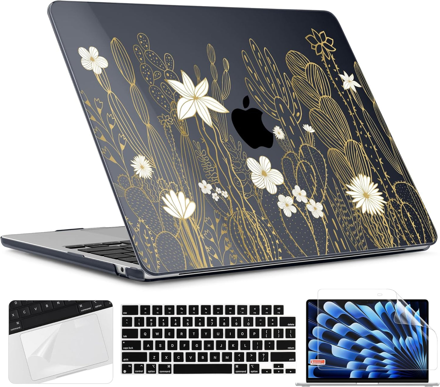 TWOLSKOO for M4 MacBook Air 13.6 inch Case 2025-2022 Release M4 A3240 M3 A3113 M2 A2681, Plastic Hard Shell & Screen Protector & Keyboard Cover & Trackpad Film, Cute Cactus