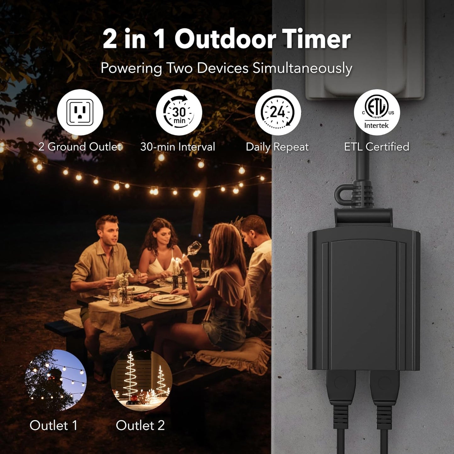 BN-LINK 24 Hour Heavy Duty Mechanical Timer, Outdoor Timer Outlet Waterproof with 30 Minutes Intervals, 2 Grounded Outlets for Christmas Lights Pool Pump,15A 1/2HP, ETL Listed