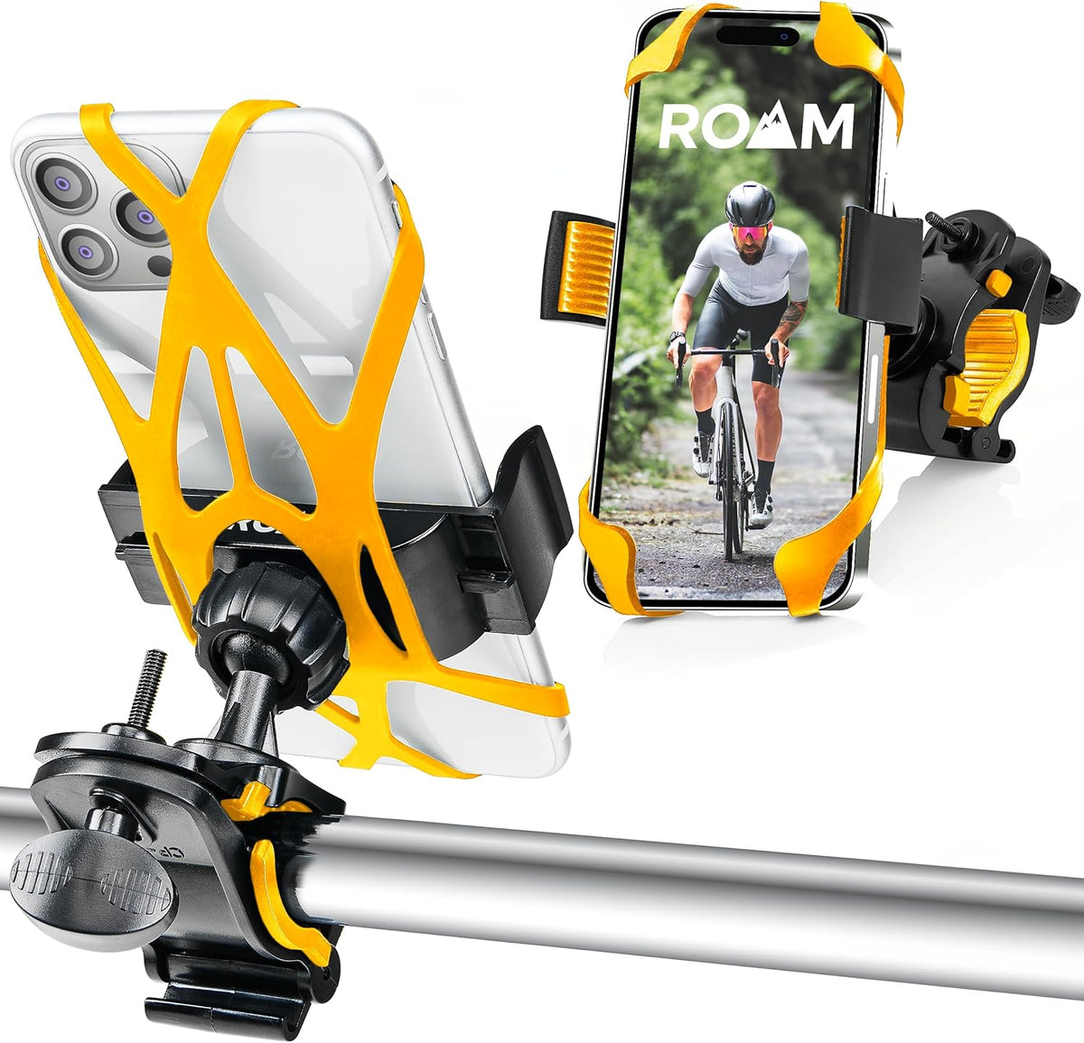 Roam Universal Cell Phone Holder Net Mount - Adjustable Up to 3.6" W x 7" L - 360° Rotation - Hands Free Navigation System for Motorcycle eBike Dirt Road Cruiser Scooter - Orange