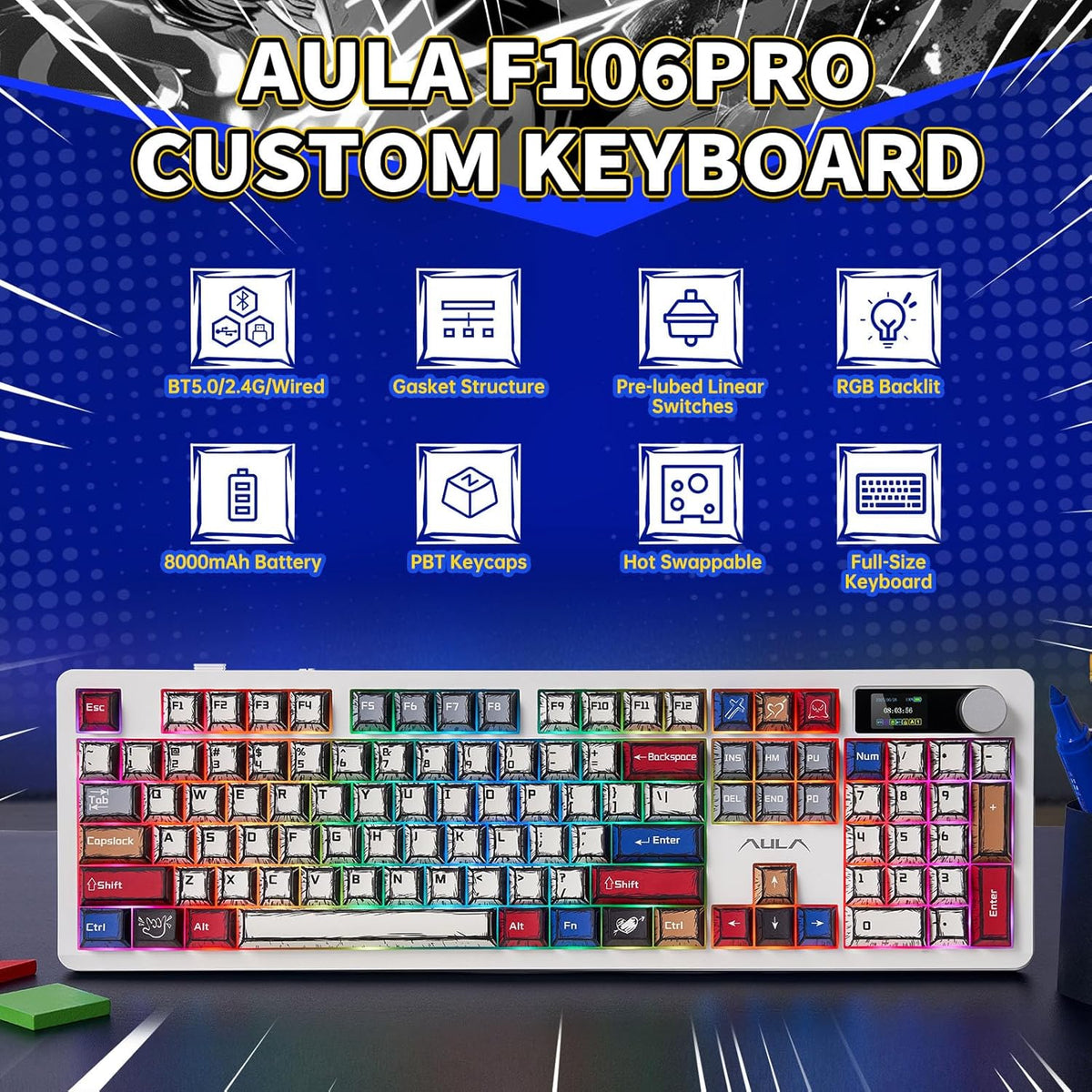 AULA F106 PRO Mechanical Keyboard,Full Size Gaming Keyboard with Hot Swappable Knob & Screen,Tri-Mode RGB Backlit with 8000mAh for PC/Laptop/Windows - Blaze Switch,Comic Mix