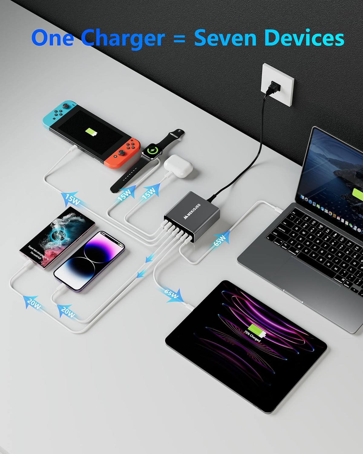Aluminum Alloy 260W USB C Charger GaN Fast USB C Charging Station 7 Ports 65W Laptop Charger for MacBook Pro/Air/iPad Pro/iPhone (Gray)
