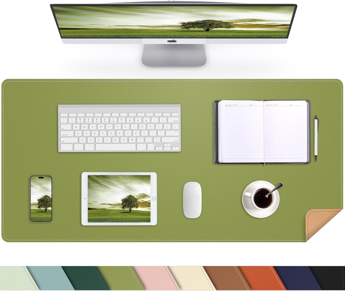 Leather Desk pad Protector, Large Desk mat with Natural Cork & PU Leather,Mouse pad,Non-Slip Office Desk Mat,Waterproof Desk Writing Pad for Office and Home (35in*17in, Olive Green)