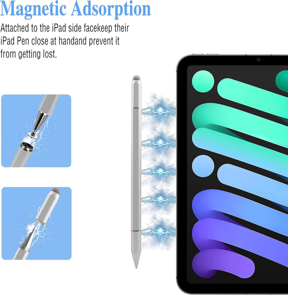 Stylus Pens for iPad, Luntak 3 in 1 Ballpoint Pen, Fiber Tip & Clear Disc Capacitive Stylus iPad Pencil for Apple iPhone/iPad Pro/Mini/Air/Android/Microsoft/Surface All Capacitive TouchScreen - Silver