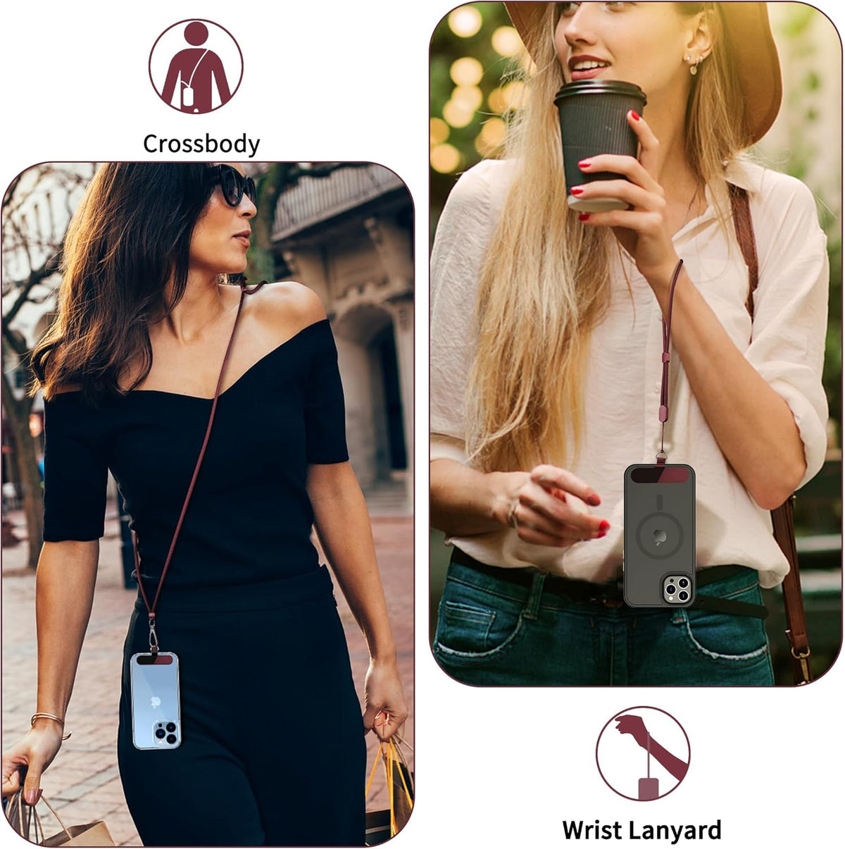 CACOE Phone Lanyard 2 Pcs-1 Pcs Adjustable Neck Strap, 1 Pcs Wrist Strap, 2 Pcs Pads, Universal Crossbody Multifuctional Cell Phone Lanyards Compatible with Most Smartphones(Dark Red)