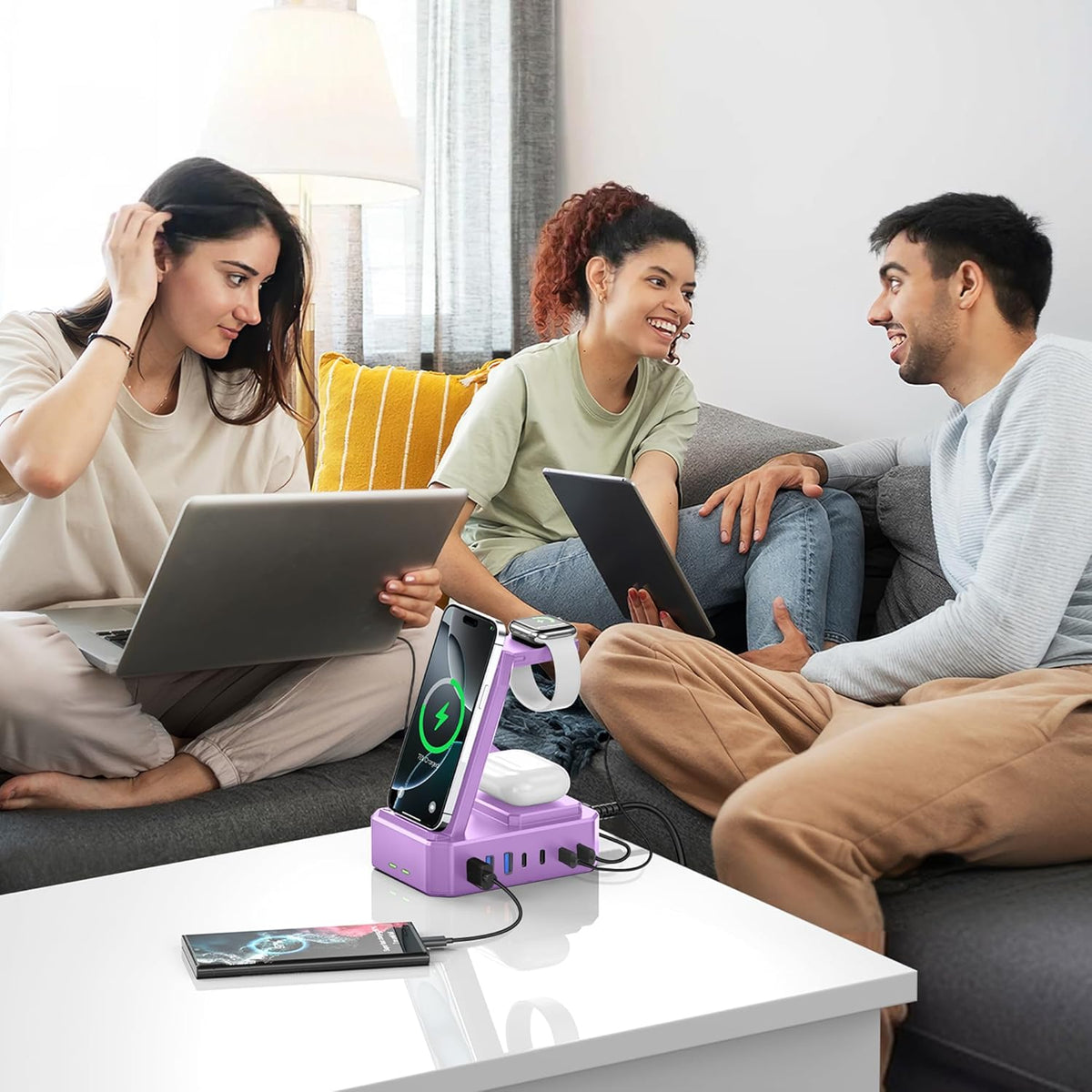 300W Charging Station for Multiple Devices Apple, Zutspzss 10 in 1 Wireless Charger for iPhone 16, GaN III USB C 65W PD Fast Charging Stand Dock for MacBook, Apple Watch&Airpods,Purple