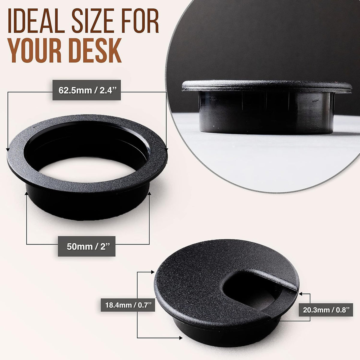 MAHDPRO Desk Grommet 2 Inch (50 mm) Pack of 10 - Black ABS Plastic Desk Cord Hole Cover to Arrange Cables & Wires Through Computer Table/Countertops