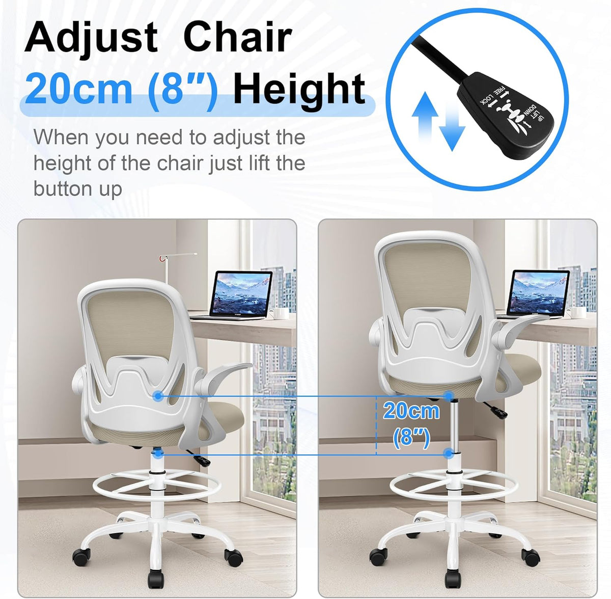Drafting Chair Tall Office Chair with Flip-up Armrests, Adjustable Height, and Enhanced Lumbar Support - Ergonomic Rolling Stool, Back Support, and Adjustable Foot Rest Ring for Standing Desk Khaki