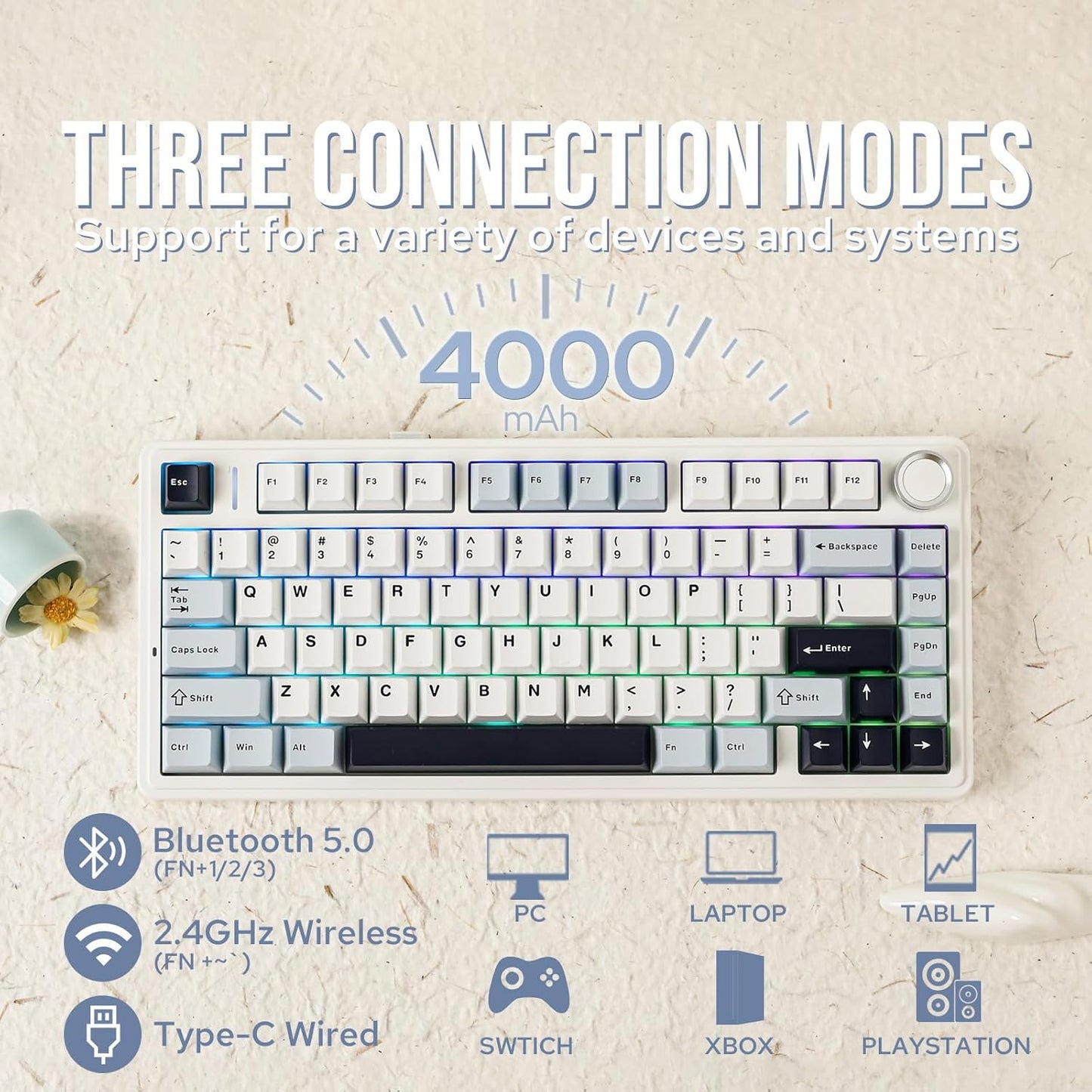 EPOMAKER x Aula F75 Gasket Mechanical Keyboard, 75% Wireless Hot Swappable Gaming Keyboard with Five-Layer Padding&Knob, Bluetooth/2.4GHz/USB-C, RGB (Light Blue, Ice Vein Switch)