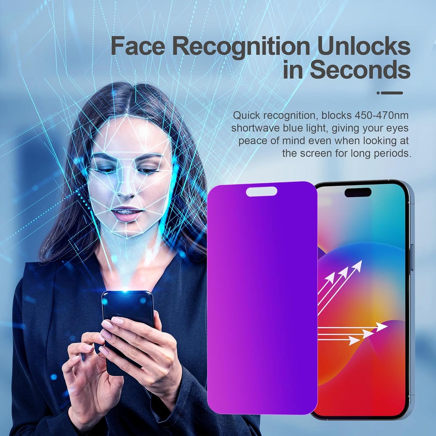 Compatible for iPhone 15 Pro Privacy Screen Protector Tempered Glass 6.1 Inch, Purple Gradient Anti Spy Anti Blue Light HD Easy Installation