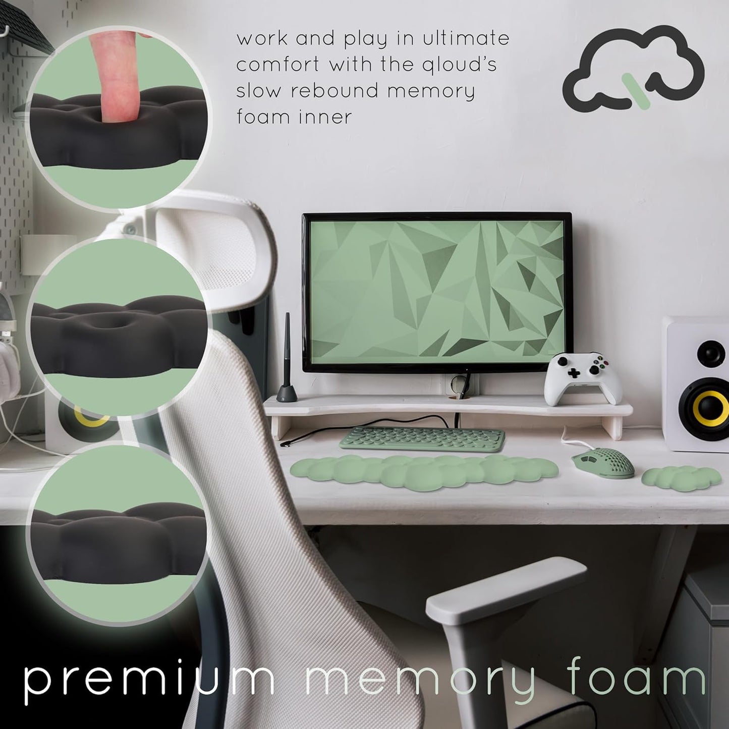 Qloud Cloud Wrist Rest Keyboard Wrist Rest for Computer Keyboard Pad, Cloud Keyboard Wrist Rest, Wrist Pad for Keyboard, Memory Foam, Non Slip Base, Comes with Mouse Pad - Pastel Green