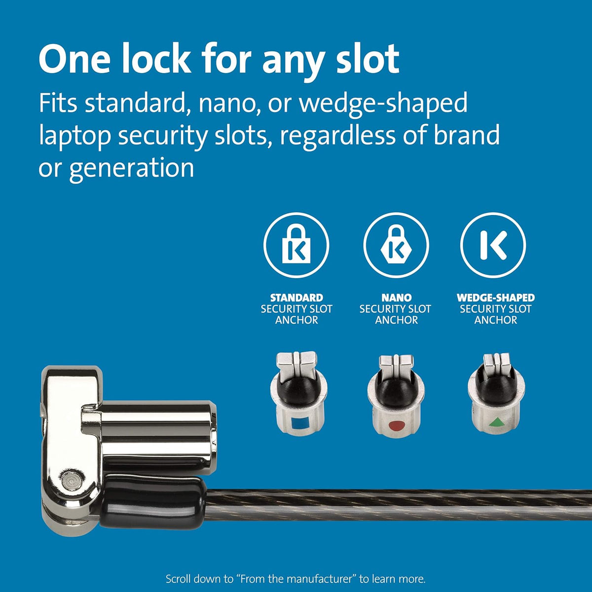 Kensington Universal 3-in-1 Keyed Laptop Locking Cable, Computer Security Keyed Lock, T-bar, Nano, Wedged-shaped (K62318WW)