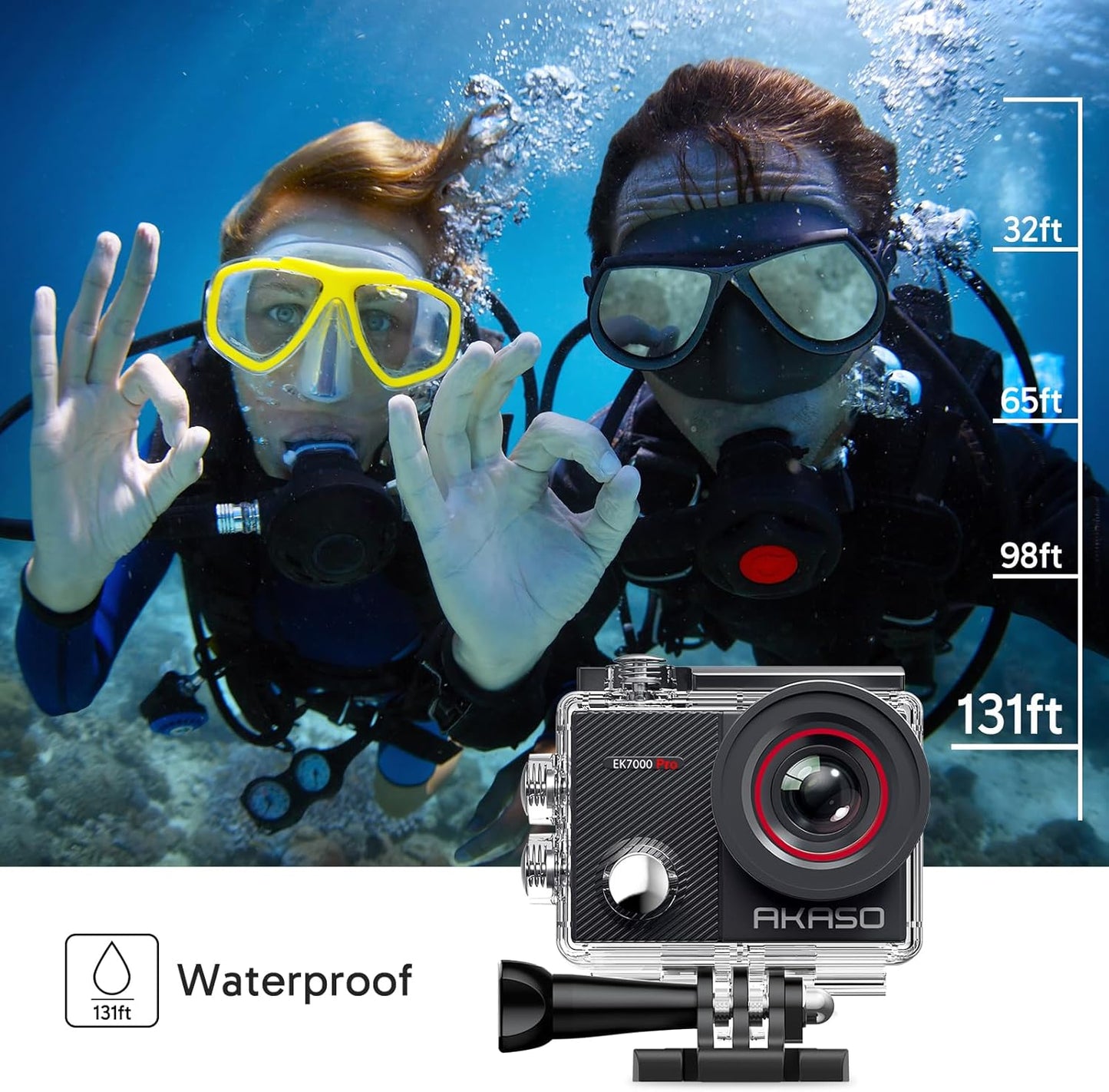 AKASO EK7000 Pro 4K30fps Action Camera with 64GB MicroSDXC U3 Memory Card Accessories Kit Bundle Ultra HD 131FT Waterproof Camera EIS WiFi Remote Control 5X Zoom Underwater Camera