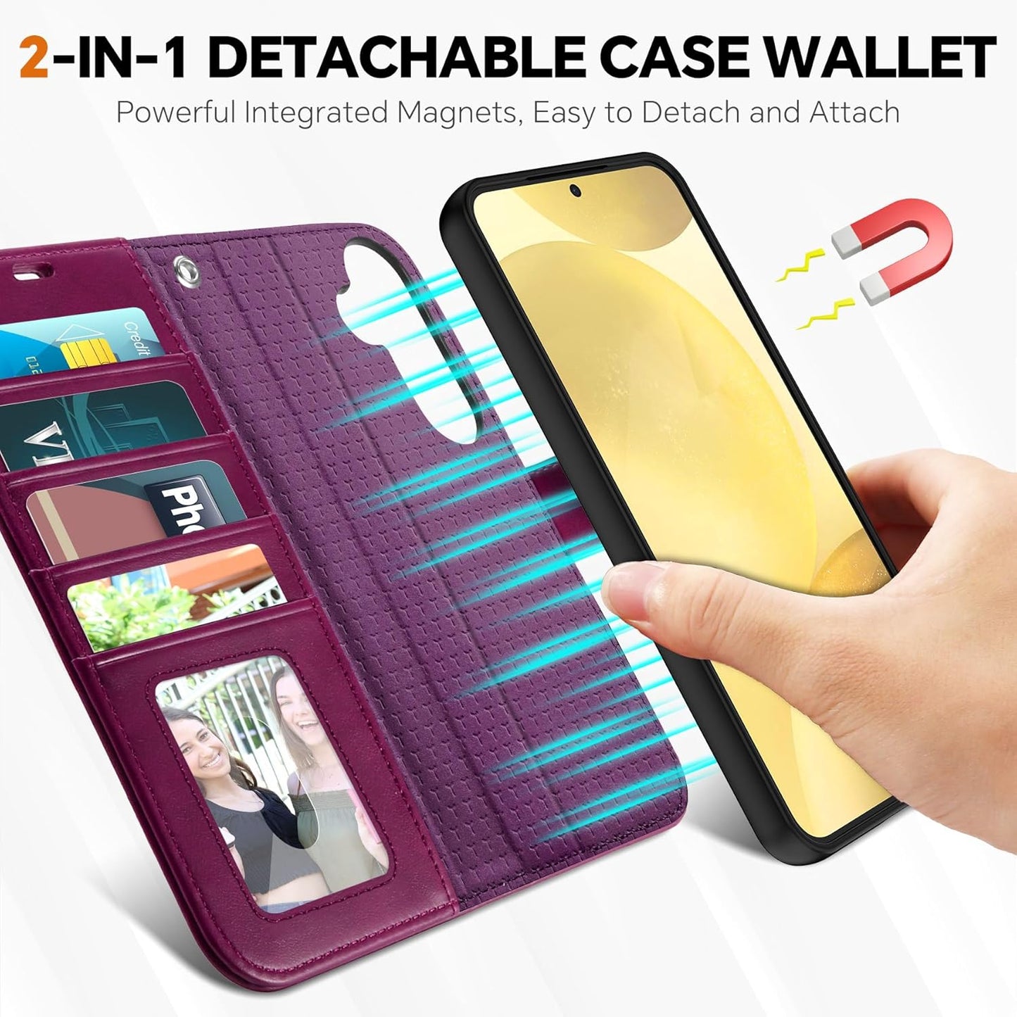 TUCCH Case Wallet for Galaxy S25 Plus, [Detachable] 2 in 1 Magnetic PU Leather Wrist Strap RFID Blocking [Wireless Charging] 4 Card Slot Kickstand Removable Flip Cover for Galaxy S25 Plus, Plum Purple