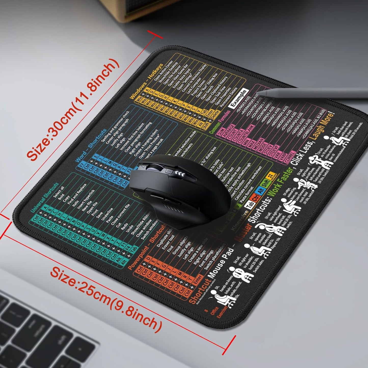 Mouse Pad for Excel/Word/PowerPoint/Windows Shortcuts – Small Excel Cheat Sheet Desk Pad – 11.8"x9.8" Portable Computer Mousepad – Gaming, Office, Waterproof, Non-Slip, Stitched Edges