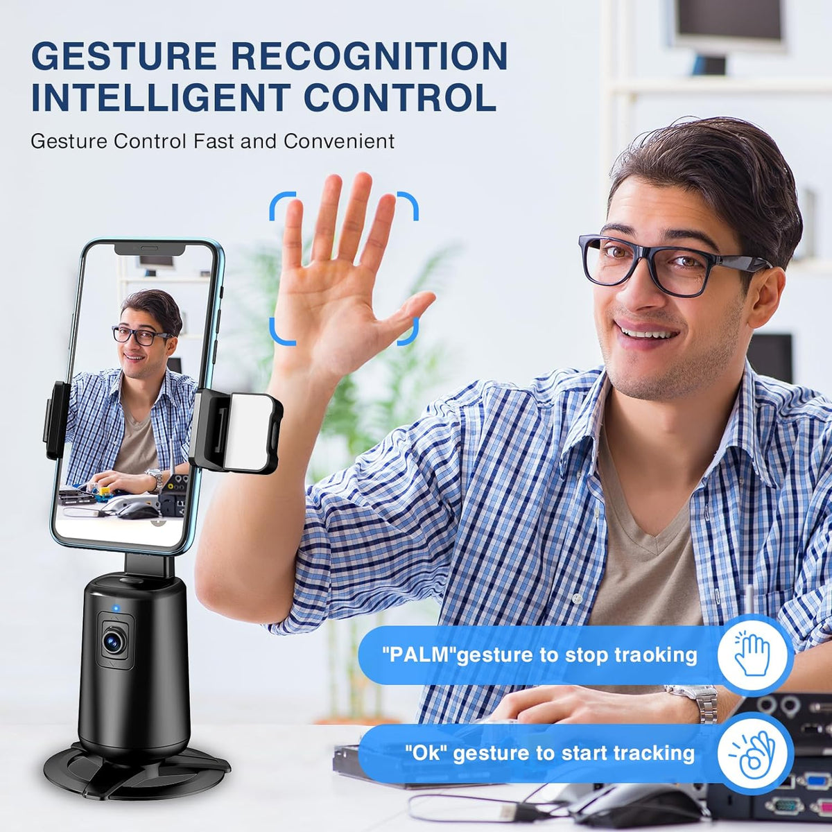 Auto Face Tracking Tripod 360° Rotating Cell Phone Photo and Video Kits Stand, No App, Camera Stand with Remote and Gesture Control, Rechargeable Smart Shooting Stand for Live Recording Tiktok（Black）