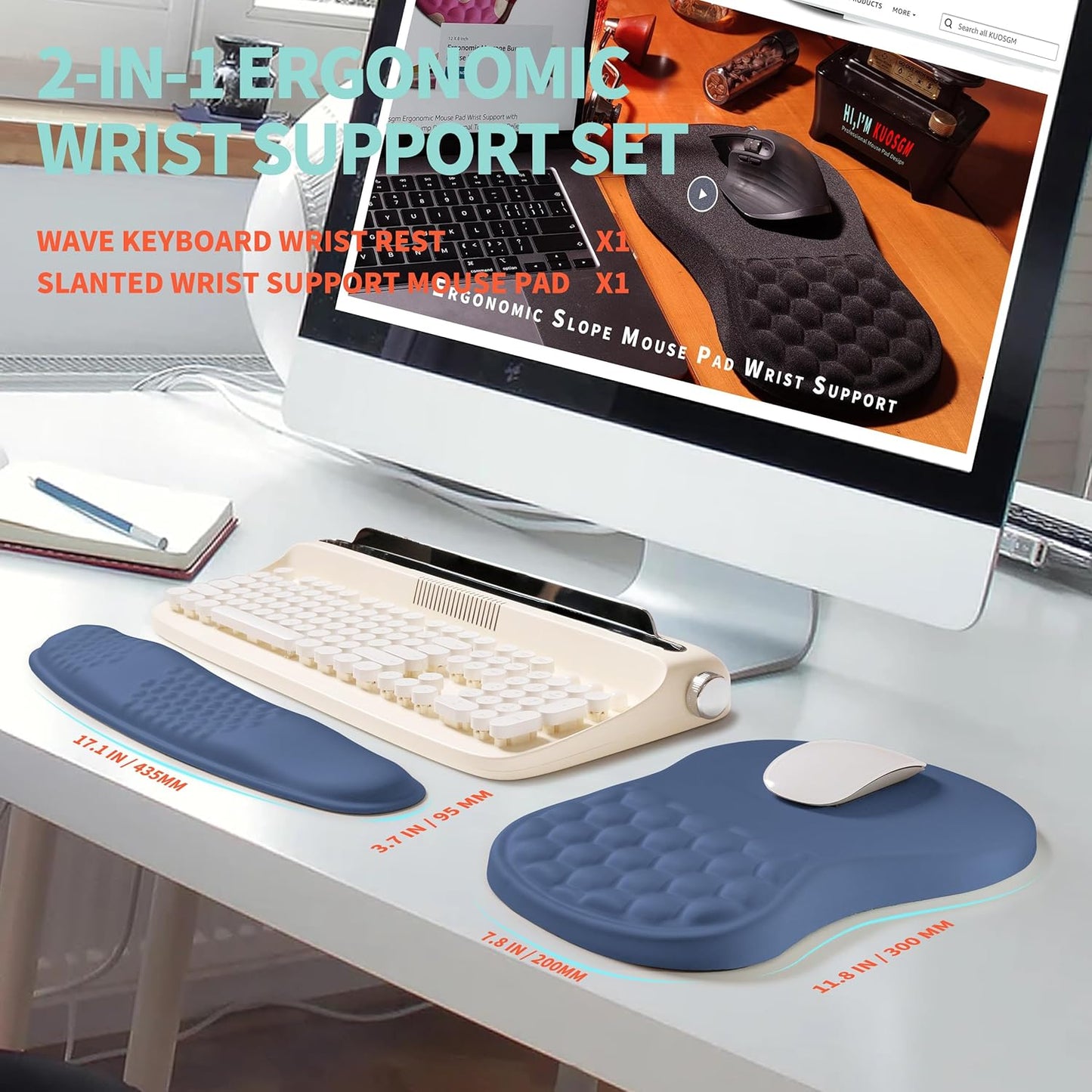 2-in-1 Ergonomic Set, Wave Rise Keyboard Wrist Rest and Massage Bulge Slope Mouse Pad Wrist Support, Cushion Memory Foam Integrated to Relieve Wrist Pain, Dark Blue