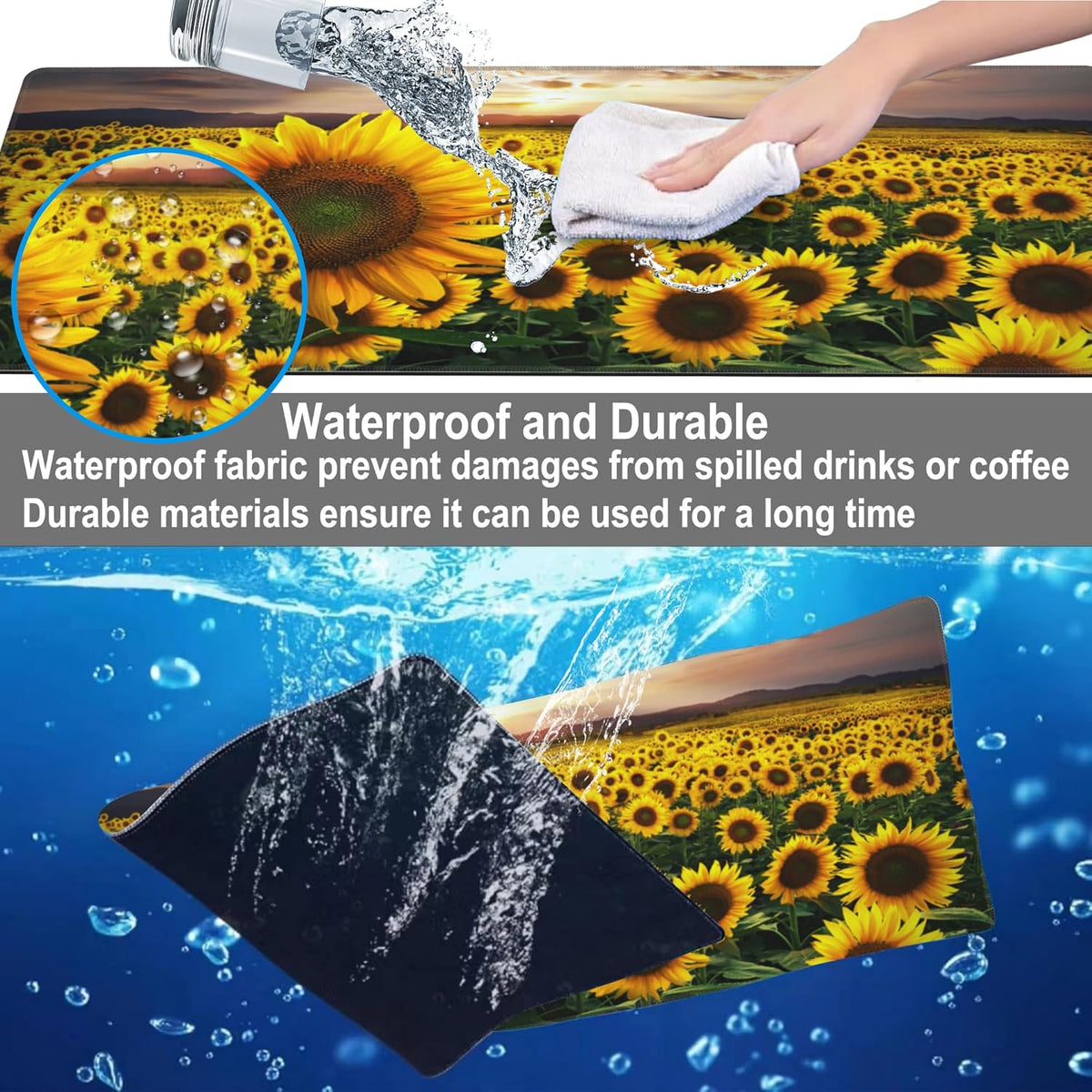 Mouse Pad, Large Blooming Sunflowers Desk Mat, Extended Non-Slip Gaming Keyboard Mousepad Desk Pad, Thick Stitched Edges Waterproof Mouse Mat 31.5"x15.7" (Midsummer Sunflowers at Sunset)