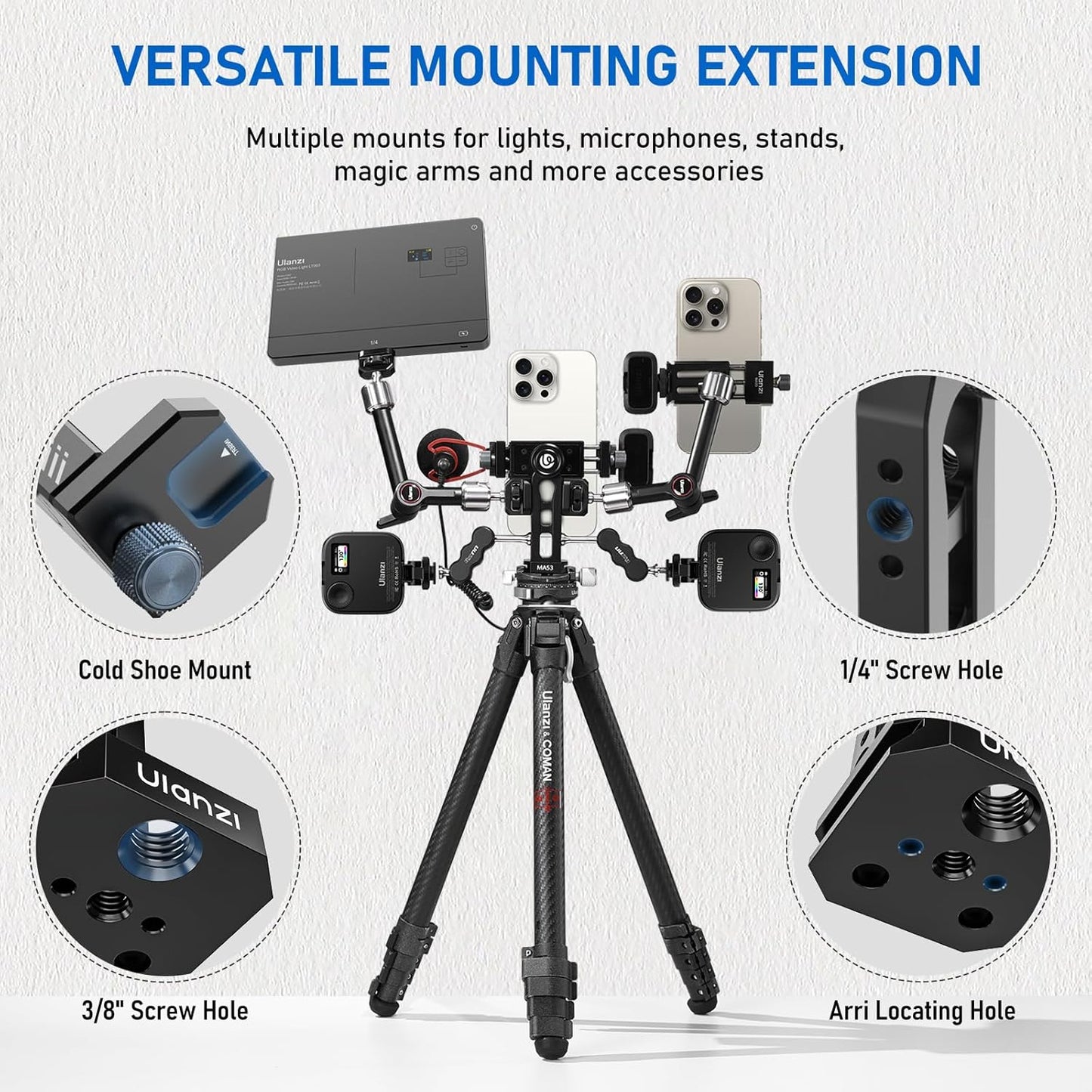 Ulanzi MA53 Metal Tripod Phone Mount, Smartphone Tripods Adapter with Arca Swiss/Uka Port, 2 Cold Shoe, 360° Cellphone Tripod Mount, for iPhone 17 Samsung Holder for Photo Video Vlogging Rig