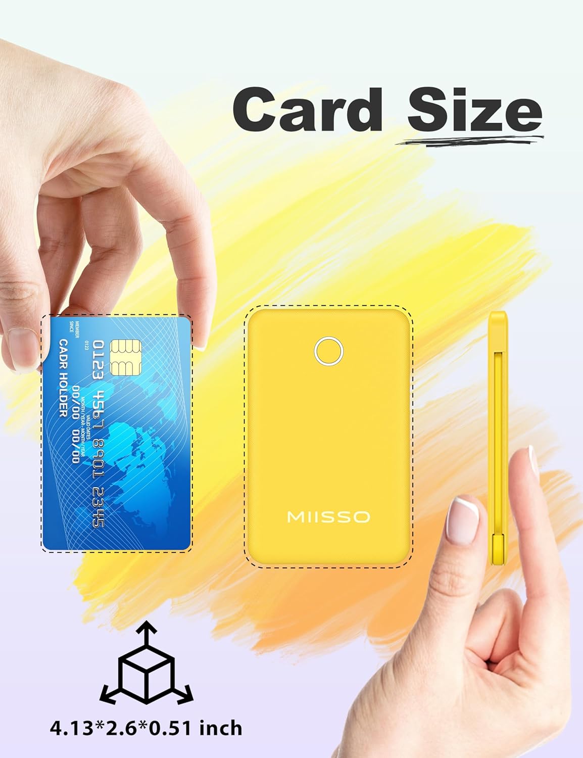 6000mah Ultra Slim Built in Cables Power Bank, Card Size Built in USB C Cords Battery Pack Portable Charger for Phones, 3 Output External Battery Pack Compatible with iPhone, Samsung, Google, Yellow