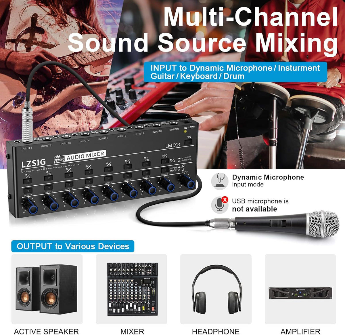 LZSIG Audio Mixer, Stereo Line Mixer for Sub-Mixing, Ultra Low-Noise, 8-Channel, Dynamic Microphone Independent Control, 1/4" & 1/8" TRS Output and Input, for Guitars,Bass,Keyboards