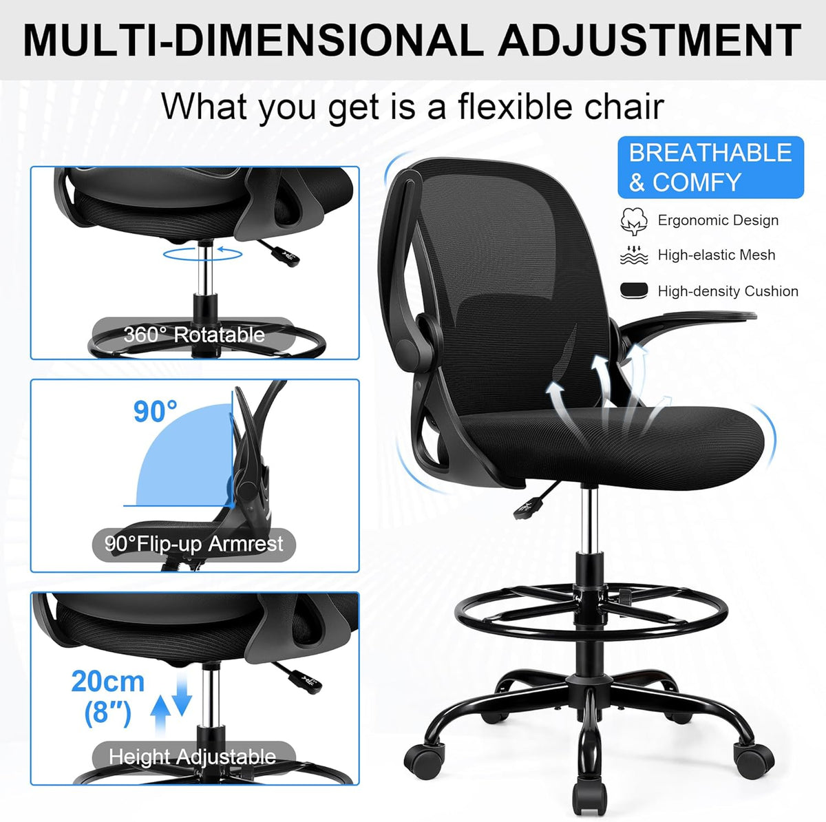 Drafting Chair Tall Office Chair with Flip-up Armrests, Adjustable Height, and Enhanced Lumbar Support - Ergonomic Rolling Stool, Back Support, and Adjustable Foot Rest Ring for Standing Desk Black