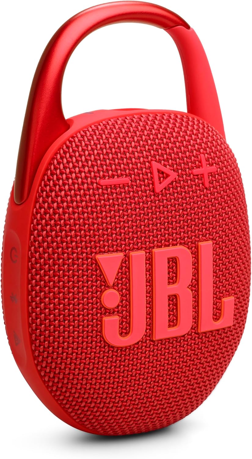 JBL Clip 5 - Ultra-Portable, Waterproof & Dustproof Bluetooth Speaker, Big Pro Sound with Punchy bass, Integrated Carabiner, Up to 12 Hours of Play, Made in Part with Recycled Materials (Red)