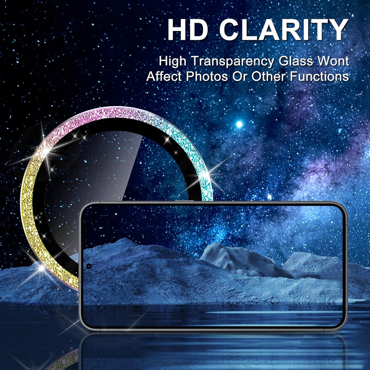 for Samsung Galaxy S25 Plus Camera Lens Protector, Individual Metal Ring Tempered Glass Lens Cover, [Strong Adsorption] Scratch Resistant Ultra-Thin HD Clear Lens Cover, 1 Set-Colorful Sparkly