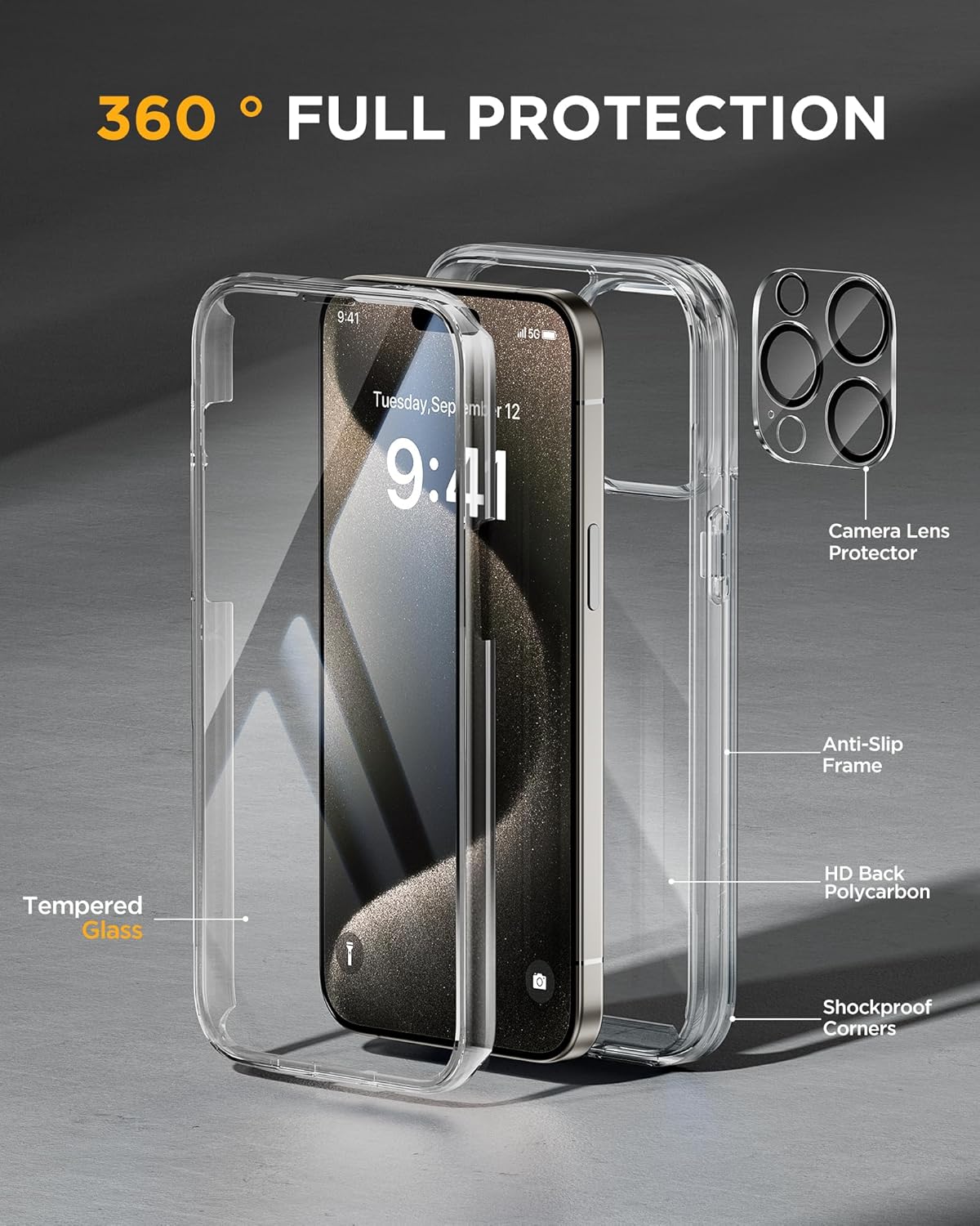 Miracase for iPhone 15 Pro Case, Full-Body Clear Bumper Phone case with Built-in Glass Screen Protector& Camera Protector, Military Drop Proof 15 Pro Case Cover 6.1 inch,Clear