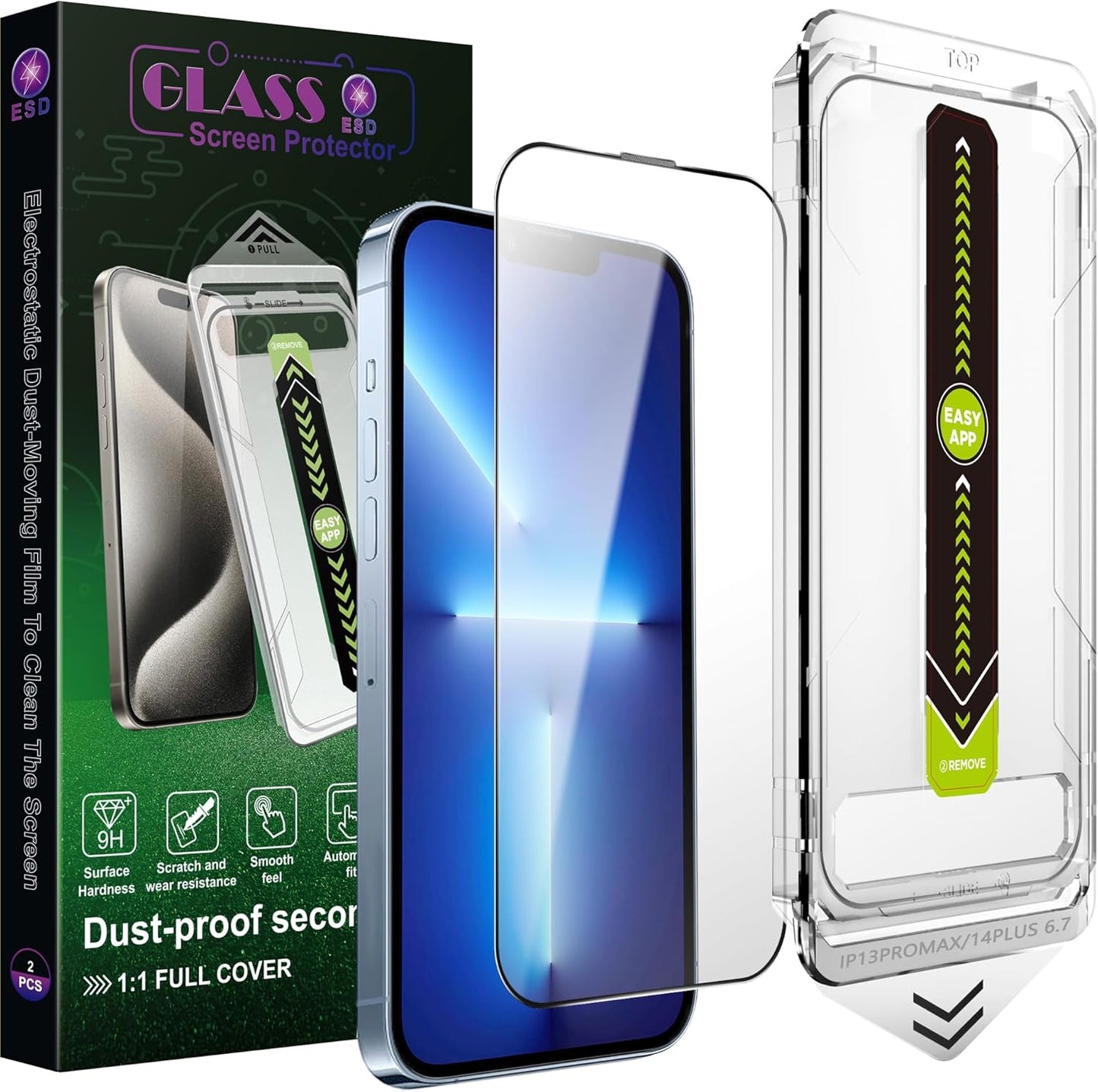 [2-Pack Ultra HD Clear Screen Protector for iPhone 13 Pro Max/14 Plus (6.7-Inch),9H Tempered Glass,Full Coverage,Anti-Fingerprint,Auto Dust Removal,Bubble-Free,Easy Installation