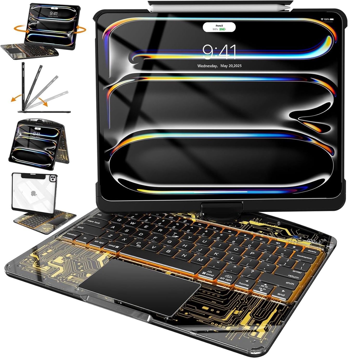 Intermerge Clear Keyboard Case for iPad Pro 13" (M4) 2024 Only, 360° Swivel Multi-Touch Trackpad, 7-Color RGB Backlit, Pencil Holder, Type-C, Power Indicator, Shadow Pulse