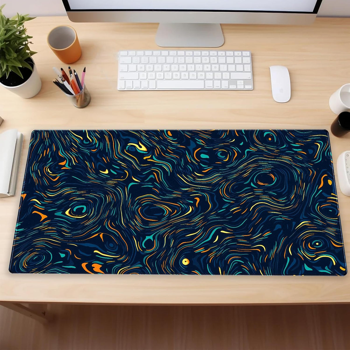 Abstract Starry Sky Swirl Gaming Desk Mat - XXL Large Mouse Pad for Keyboard & Mouse with Stitched Edges, 31.5" x 15.7" Colorful Art