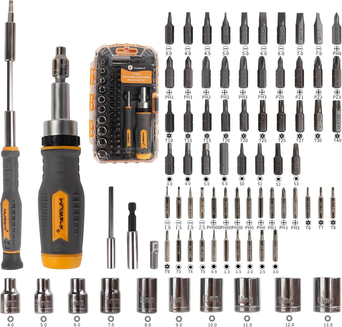 MULWARK Screwdriver Bit Set & Socket Kit, 77-Pieces Ratcheting Screwdriver Set with Case, 77 in 1 Multi Bit Screw Driver for Home DIY, Electronics, Car Emergency and Garage