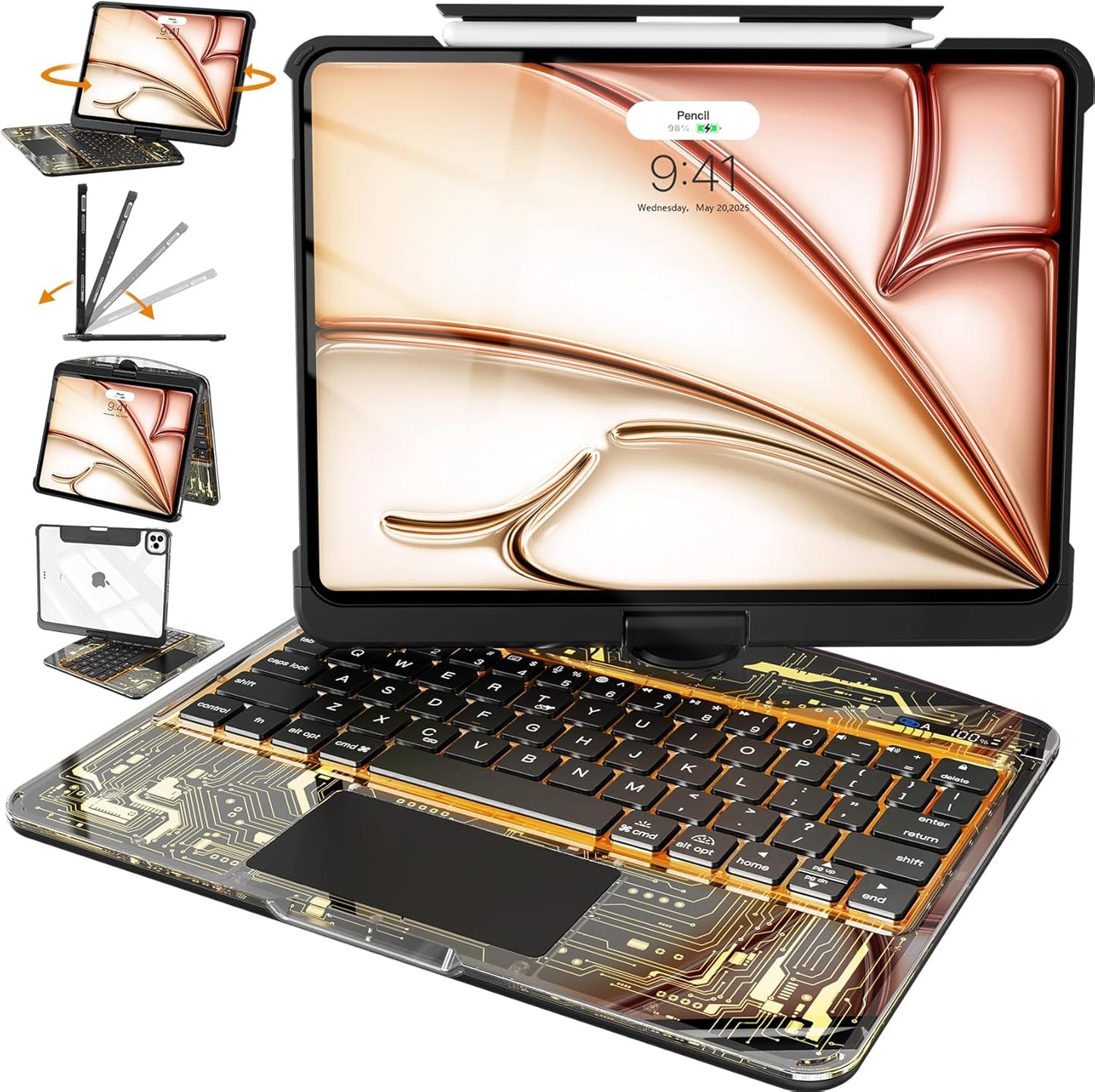Intermerge Clear Keyboard Case for iPad Air 11" (M3/M2, 2025/2024), Air 5th/4th, Pro 11" 2022-2018, 360° Swivel Multi-Touch Trackpad, 7-Color Backlit, Pencil Holder, Type-C, Shadow Pulse