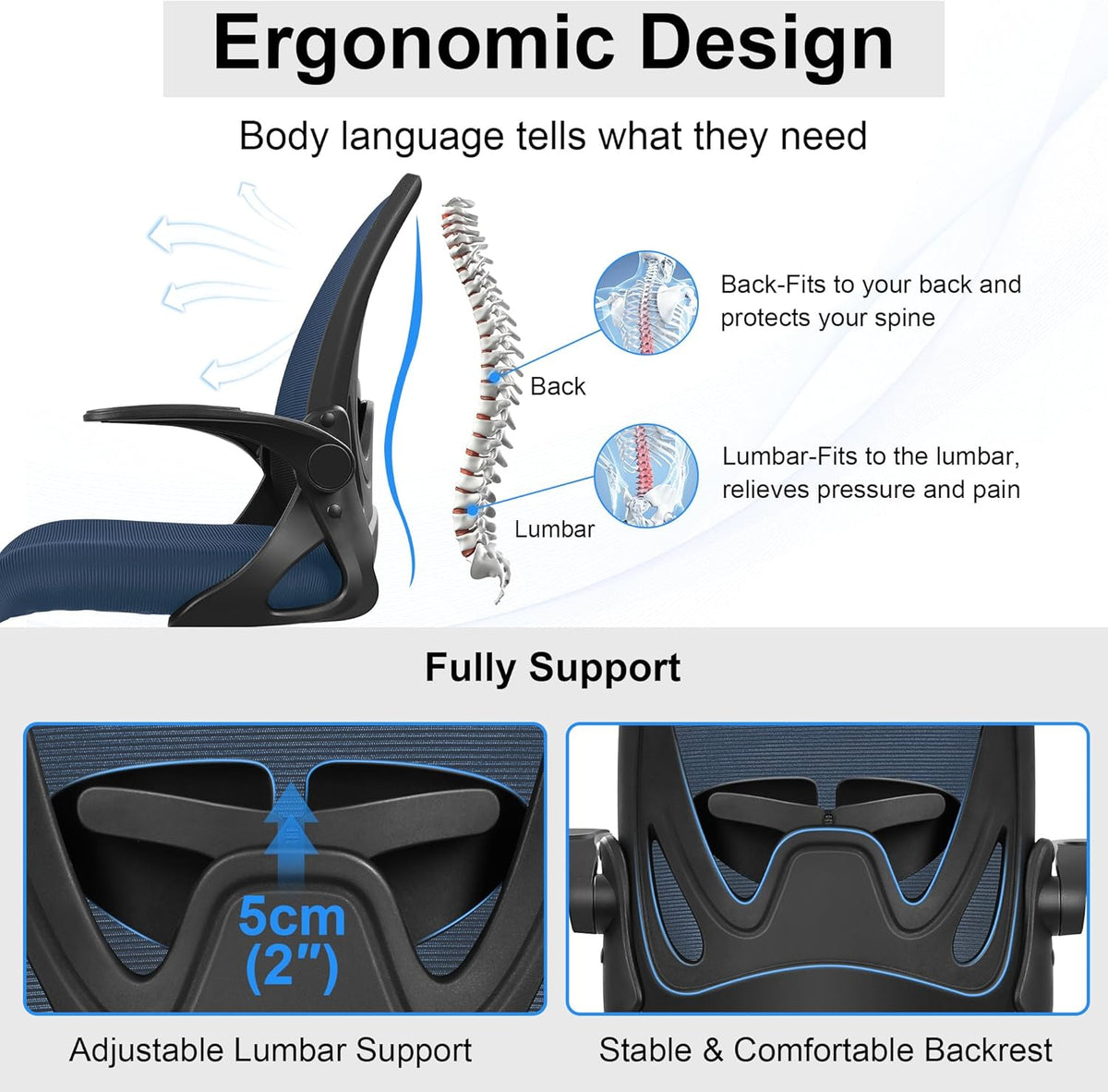 Drafting Chair, Tall Office Chair Ergonomic Standing Desk Chair,with Adjustable Footrest Ring, 3D Lumbar Support, Flip-up Armrests, Swivel Desk Stool for Drawing Working Navy