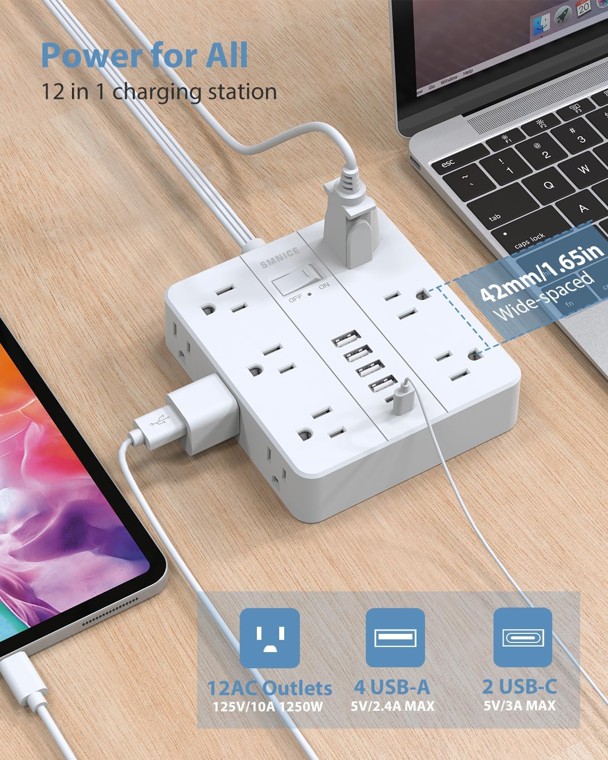 Power Strip Flat Plug with 12 Outlets 6 USB(2 USB C),SMNICE Surge Protector Charging Station with Overload Protection,5ft Extension Cord Widely Spaced Multiple Outlets for Home Office Dorm Essentials