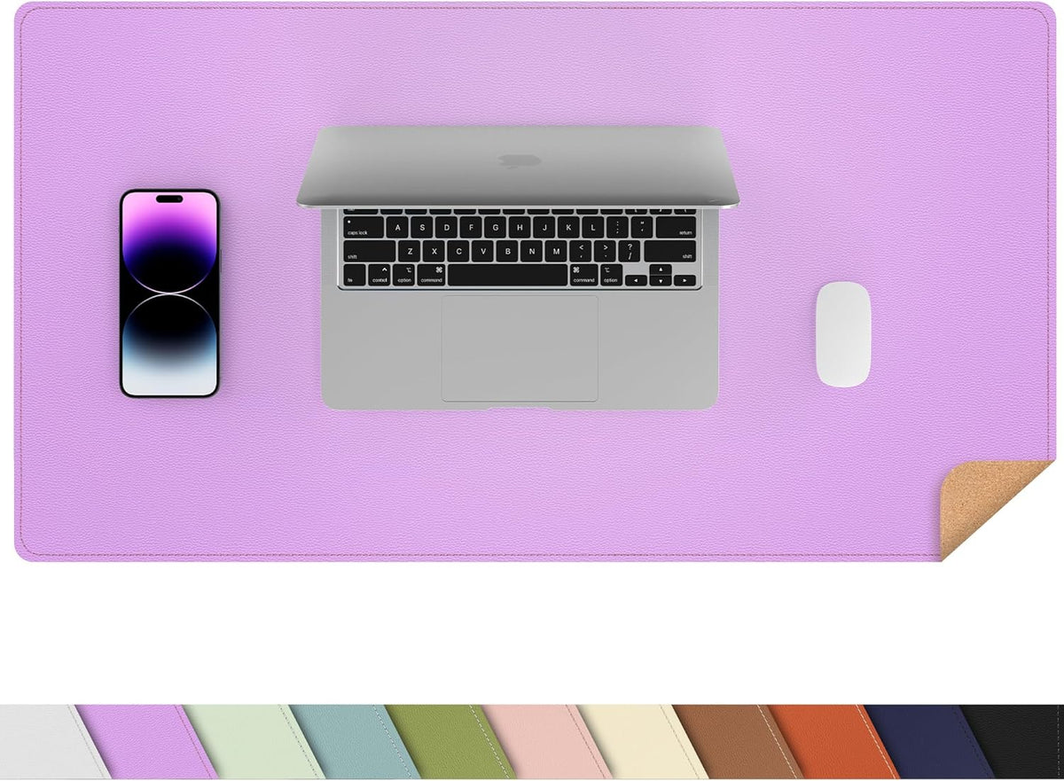 Leather Desk pad Protector, Large Desk mat with Natural Cork & PU Leather,Mouse pad,Non-Slip Office Desk Mat,Waterproof Desk Writing Pad for Office and Home (35in*17in, Purple)