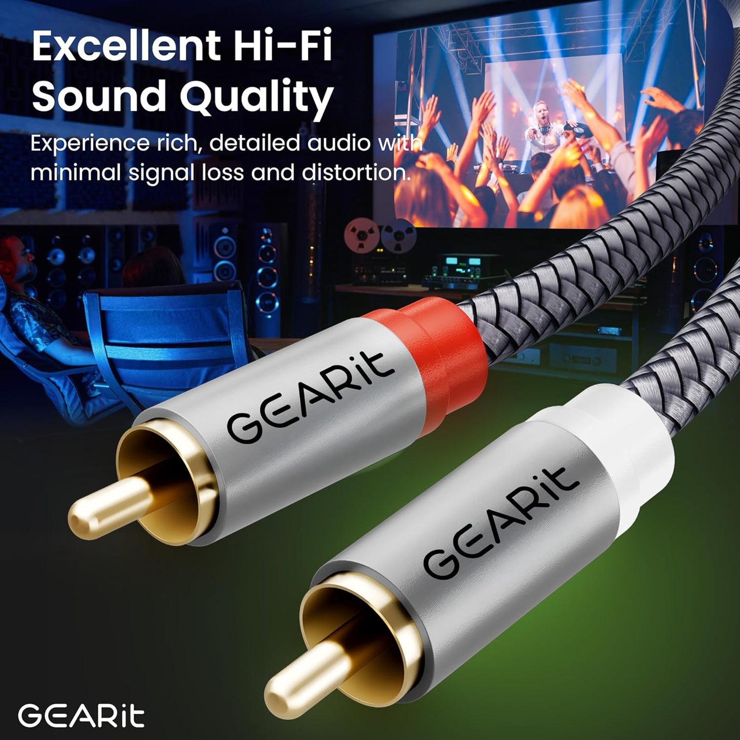 GEARit RCA Cable (6.6FT) 2RCA Male to 2RCA Male Stereo Audio Cables Shielded Braided RCA Stereo Cable for Home Theater, HDTV, Amplifiers, Hi-Fi Systems, Car Audio, Speakers, 6.6 Feet